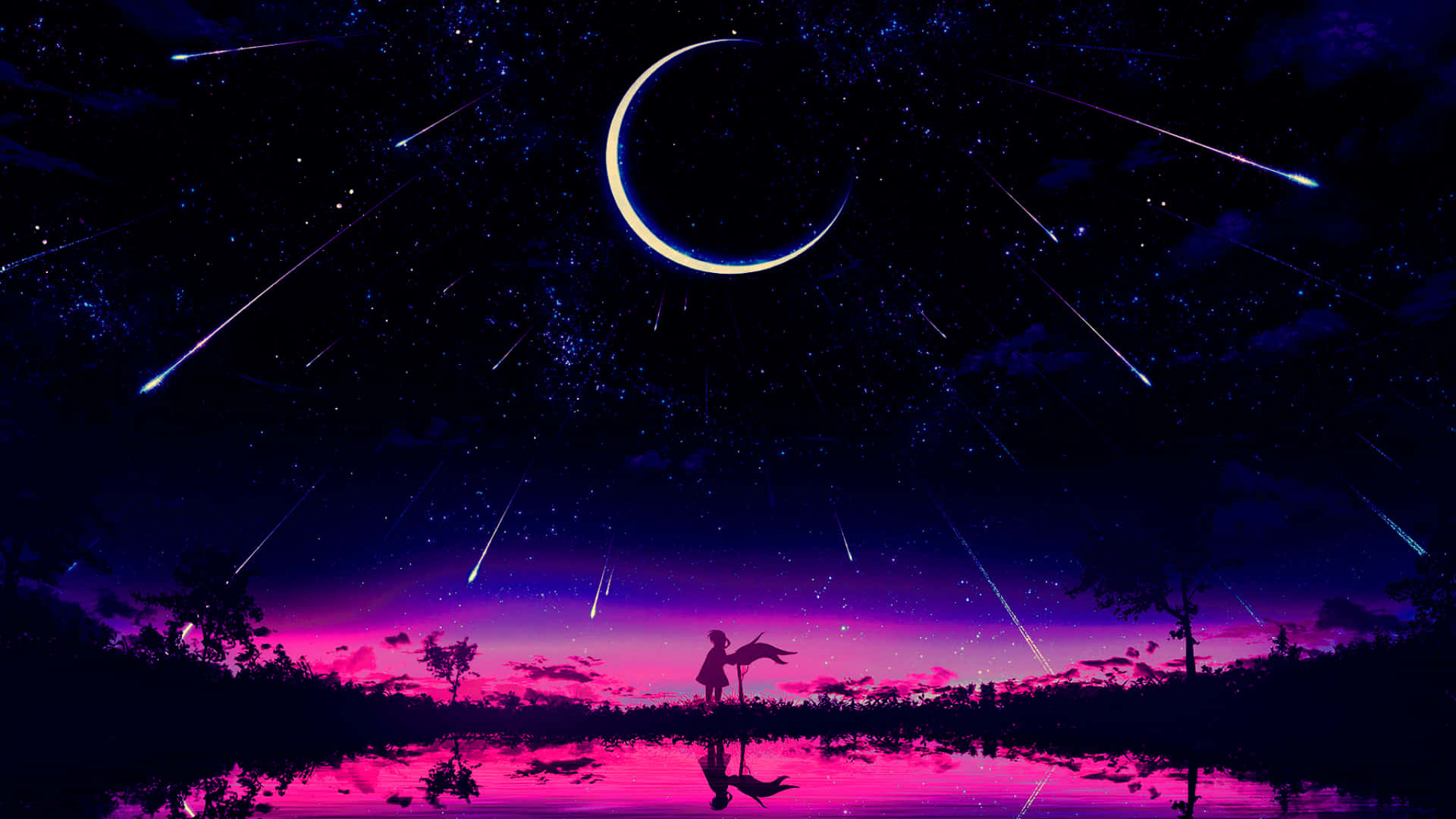一個人的剪影站在發光的湖邊，上方是新月和流星。 — 2048x1152 動圖 壁紙