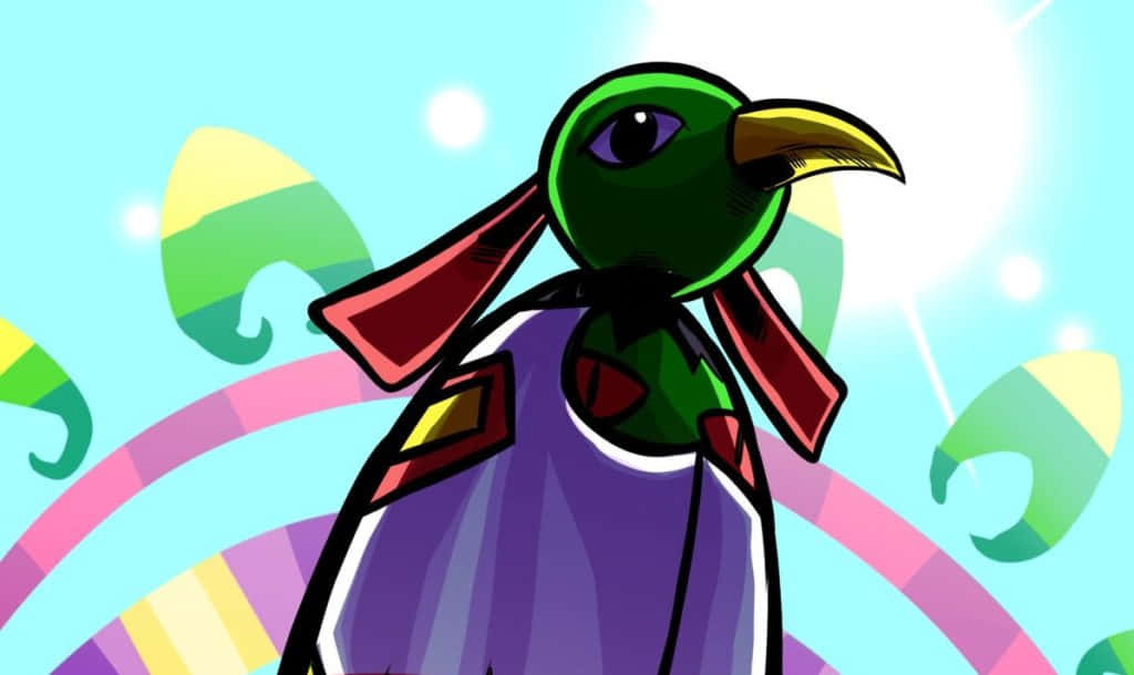 陽光灑落在 Xatu 頭頂 壁紙 — 一隻風格化的綠色鳥，黃色喙和紫色斗篷，站在明亮的青色背景上，帶有彩虹漩渦和發光球體。