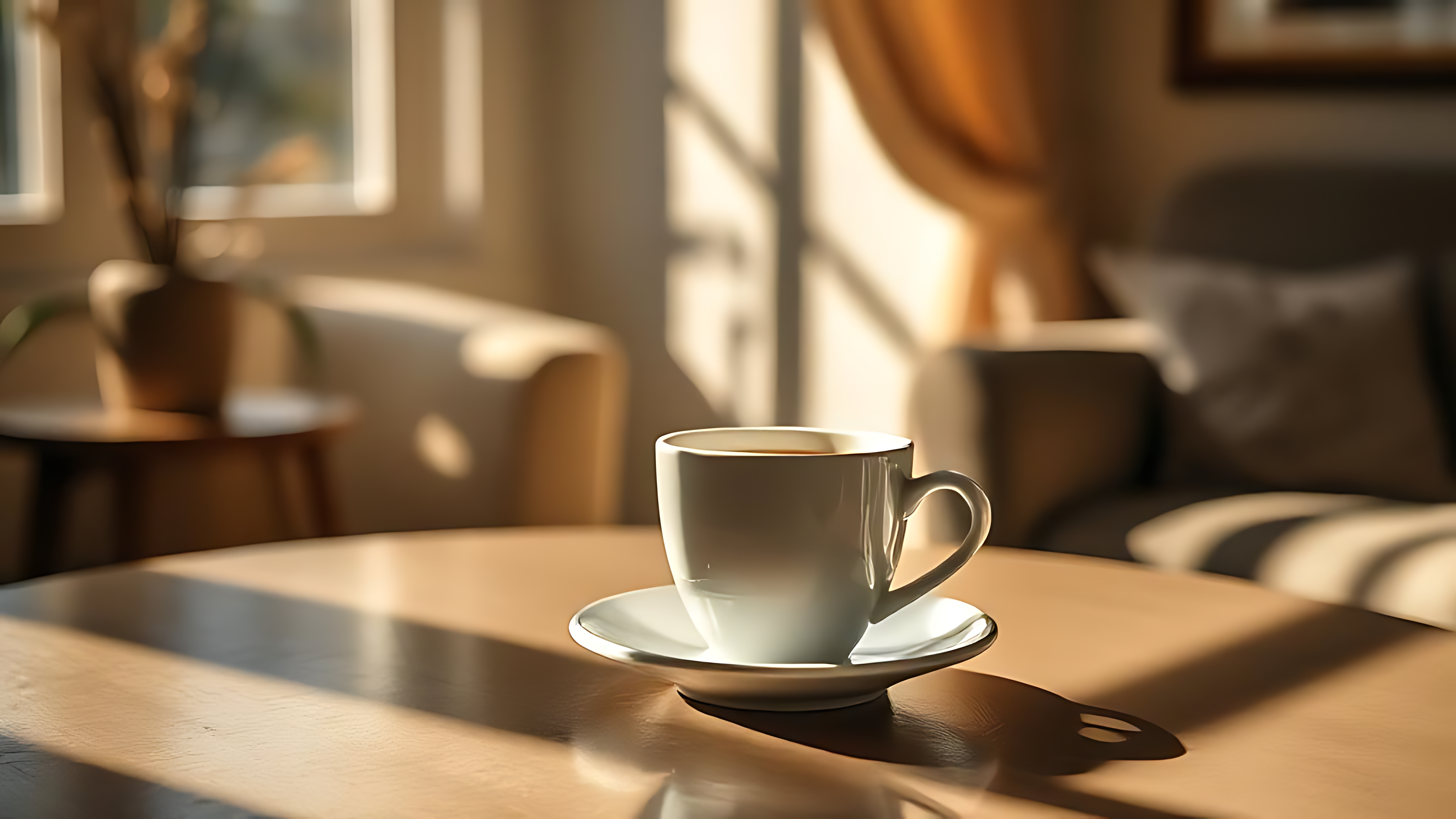 陽光灑落的咖啡杯與杯墊 壁紙 — 一個白色咖啡杯放在木桌上，沐浴在透過金色窗簾的窗戶照射進來的溫暖陽光中。