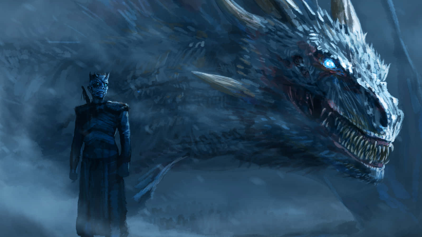 一名戰士在雪地戰場上面對一隻巨大的冰龍。 — 1600x900 GIF 壁紙