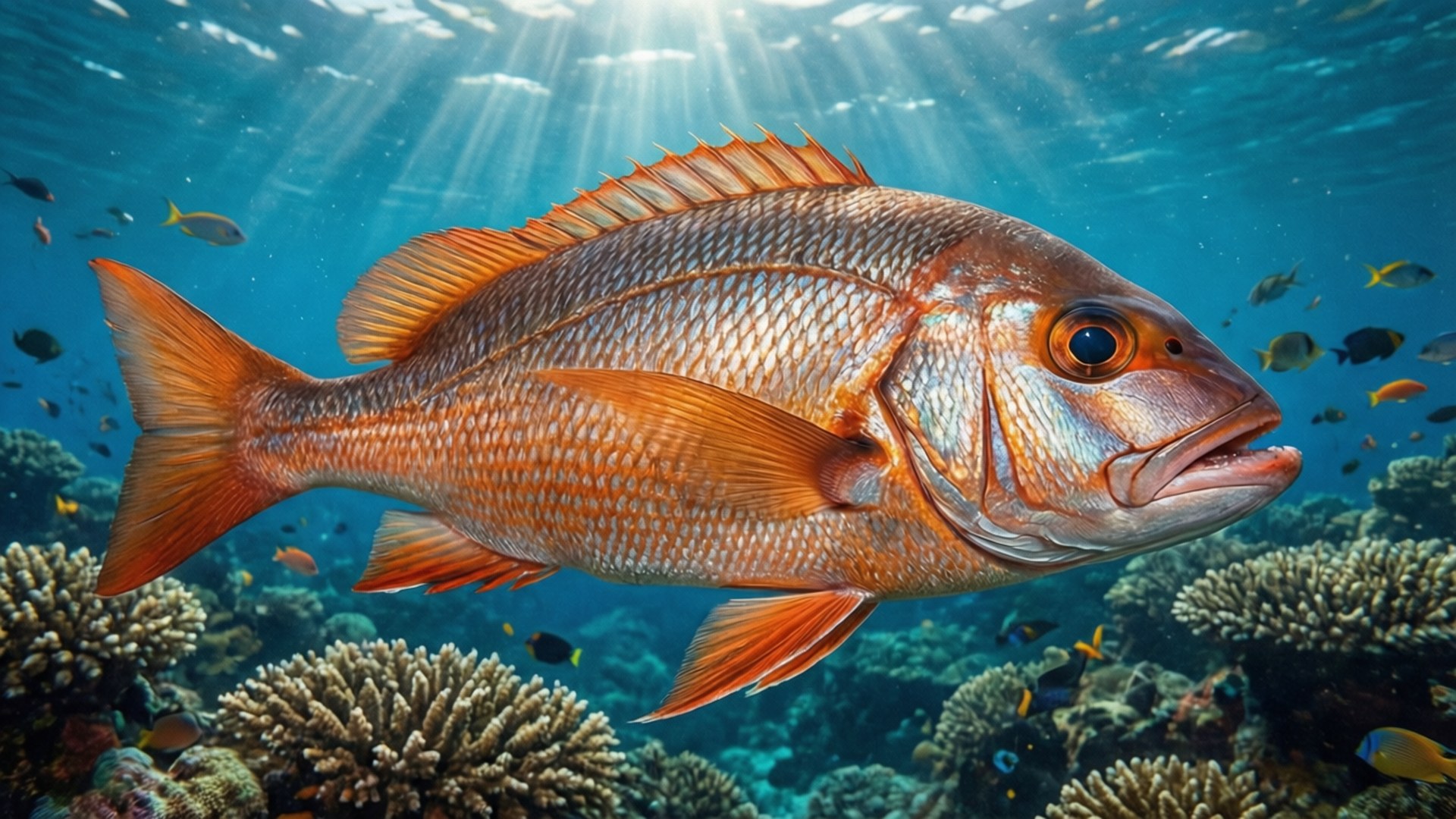 陽光灑落的海鰱 壁紙 — 一條充滿活力的橙色魚在陽光照耀的珊瑚礁中優雅地游動，光線穿透藍色海水。