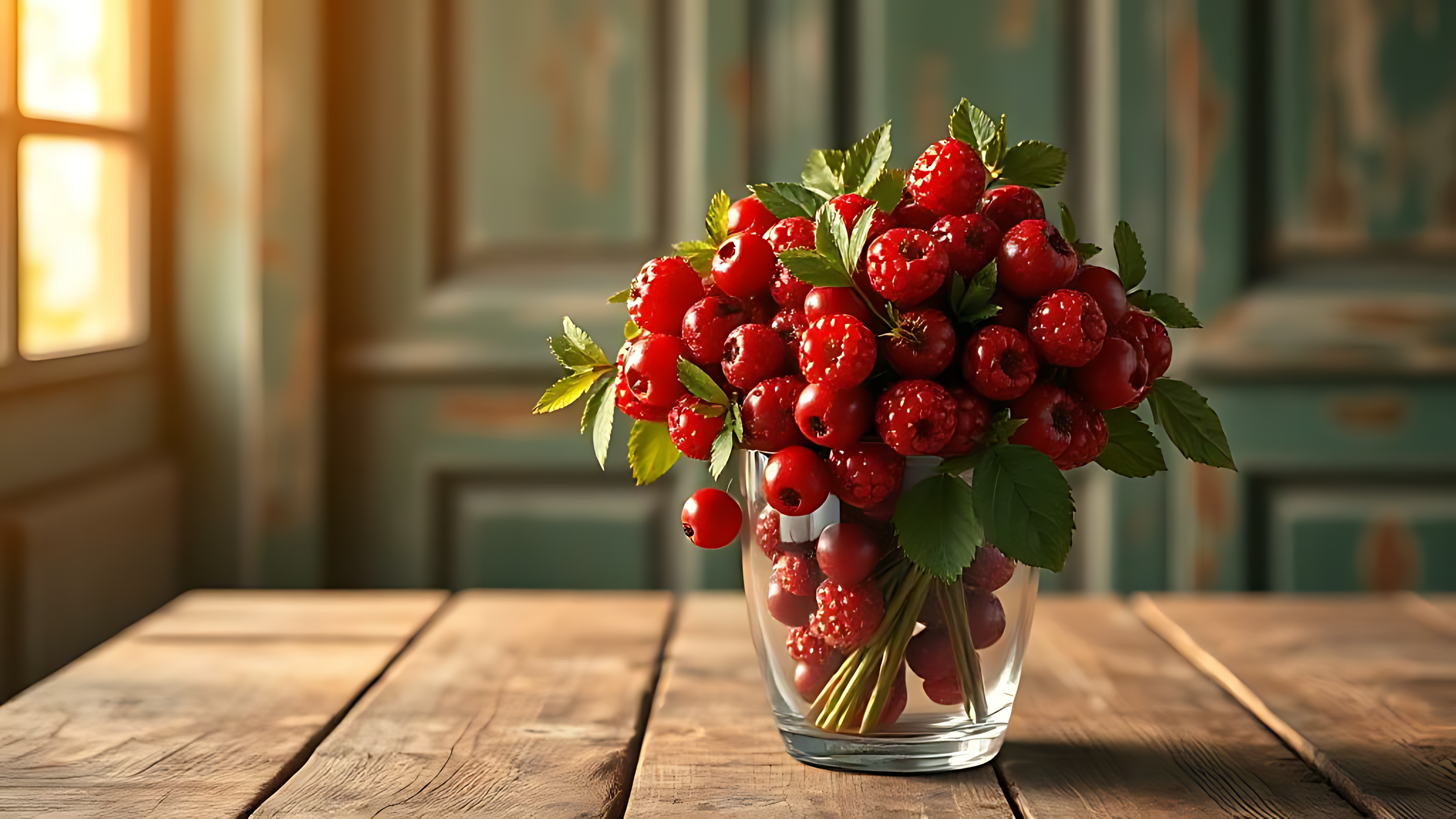 陽光灑落的紅色花瓶 壁紙 — 一個玻璃花瓶盛滿鮮紅的覆盆子和綠葉，放在一張質樸的木桌上，沐浴在附近窗戶灑進的溫暖陽光中。