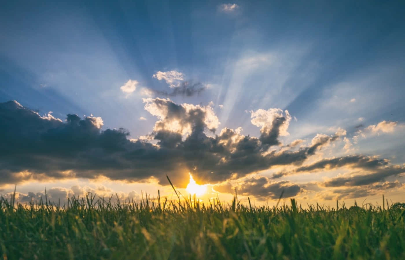 夕陽的光芒穿過雲層，照耀著一片綠草地。
