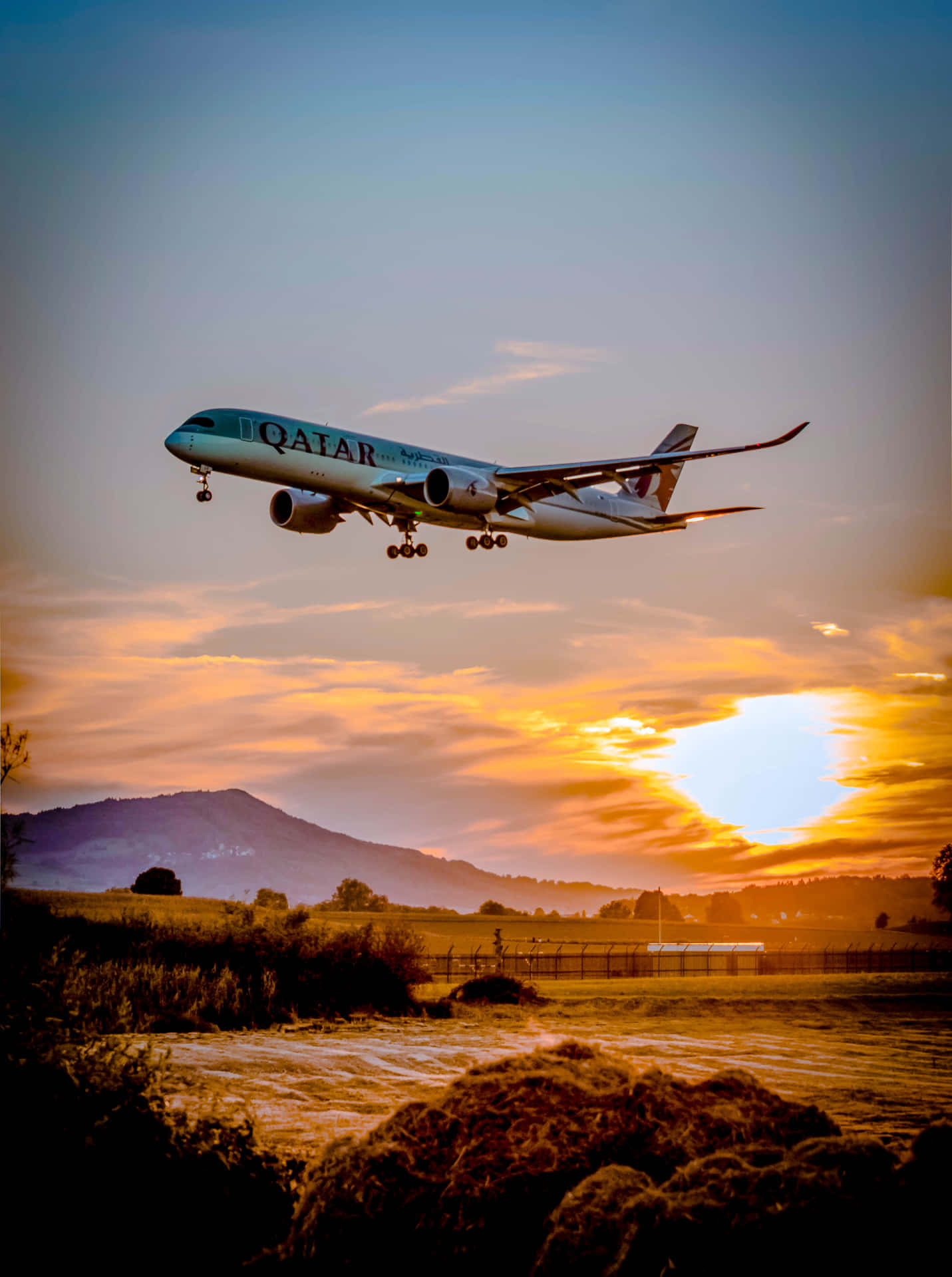 卡塔爾航空飛機在日落時分降落於景觀之上