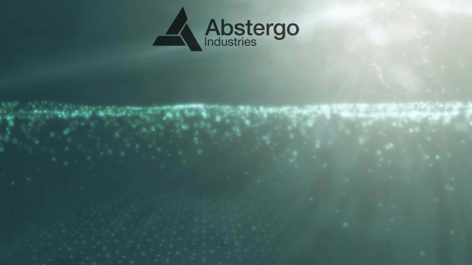 Abstergo 桌布 壁紙 — 陽光照射的水中，發光的青綠色粒子與Abstergo Industries標誌漂浮的水底景觀。