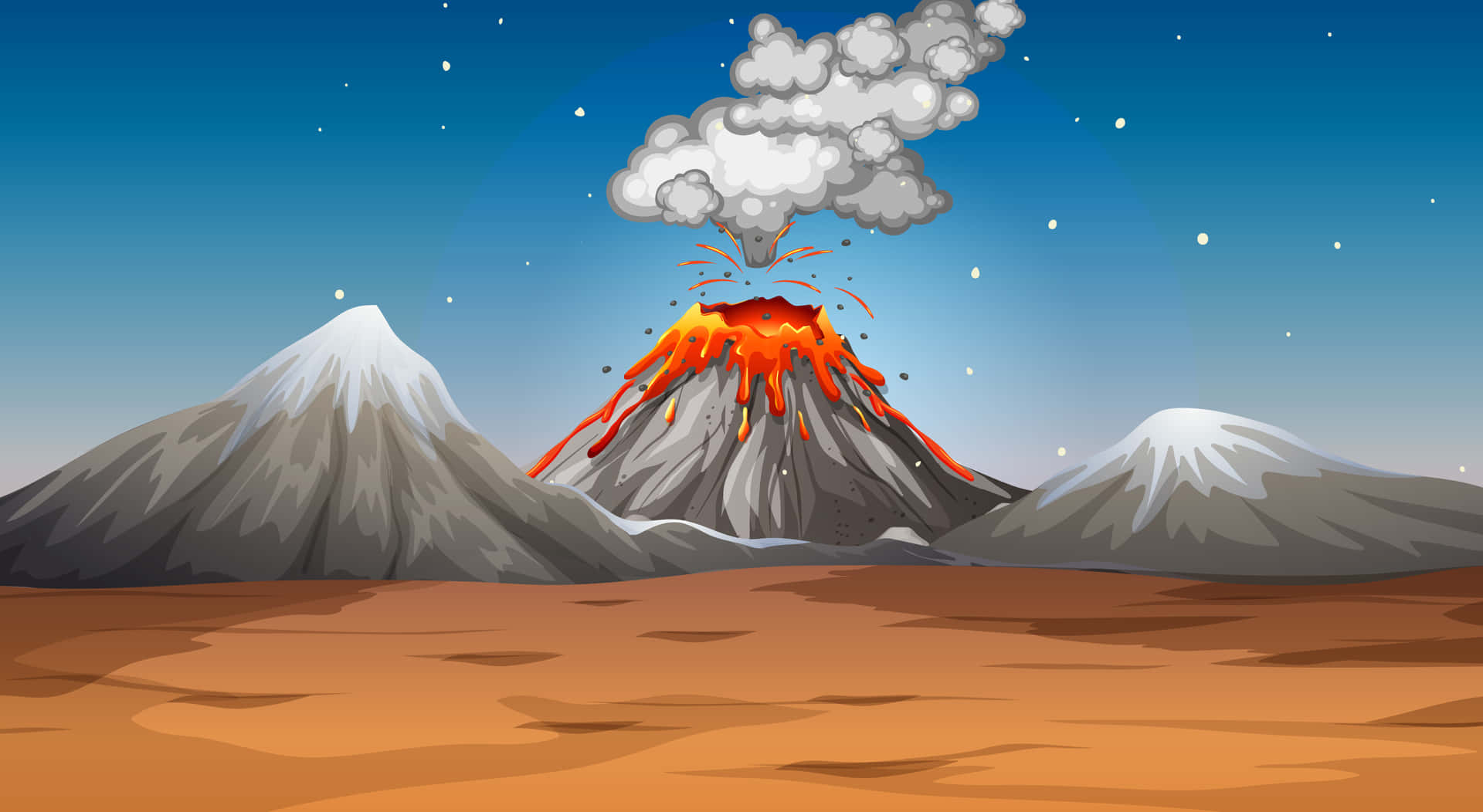 夜晚火山噴發，熔岩在星空下流過白雪覆蓋的山脈之間。
