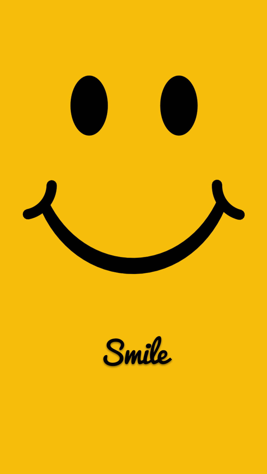 陽光的細膩擁抱 - 純黃色 iPhone 壁紙 — 一個大膽的黑色笑臉，中間帶有「smile」字樣，背景為鮮黃色。