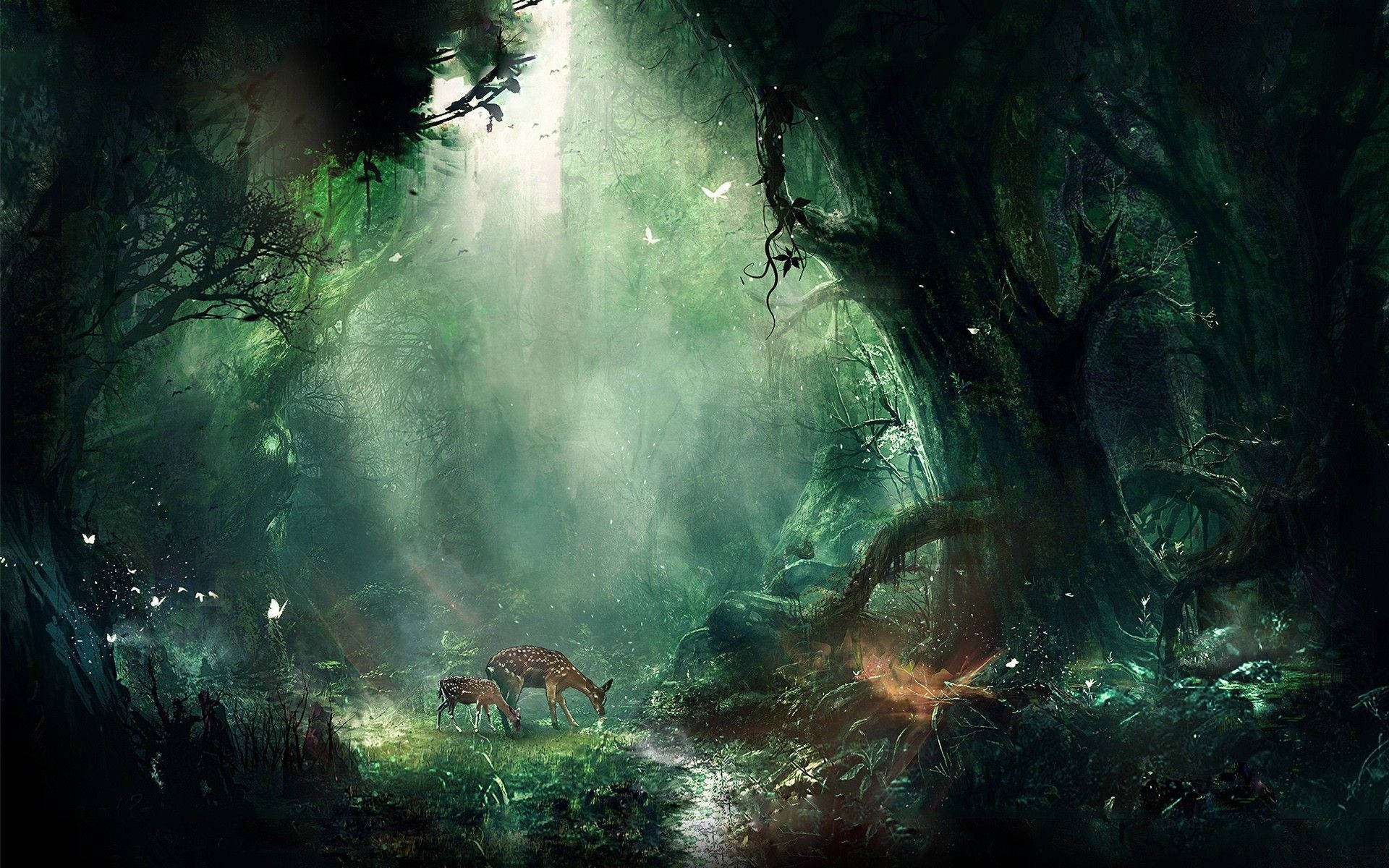 兩隻鹿在迷霧魔法森林中，在陽光光束下吃草。