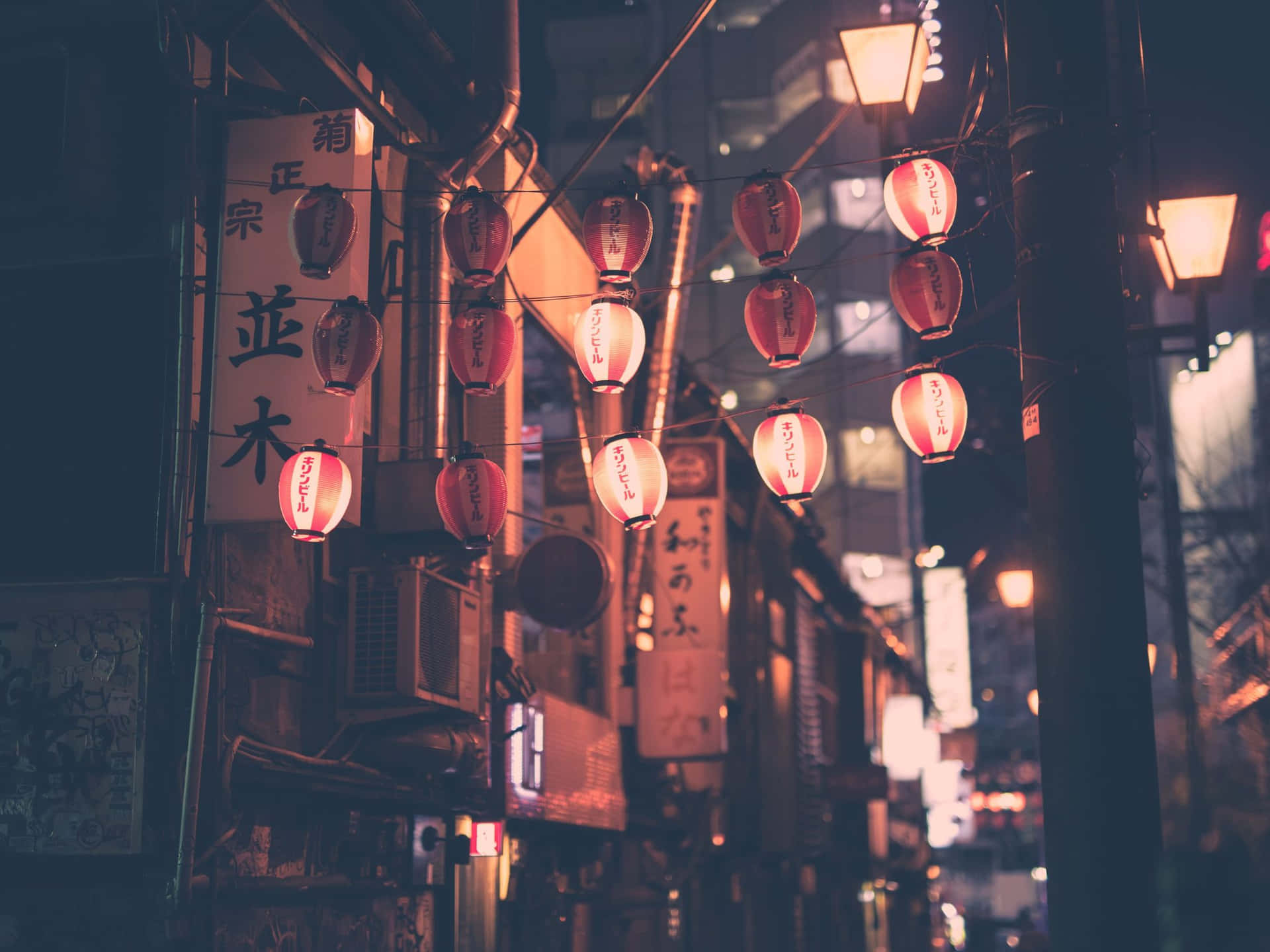 紅色燈籠在夜晚照亮狹窄的日本街道，招牌閃閃發光。