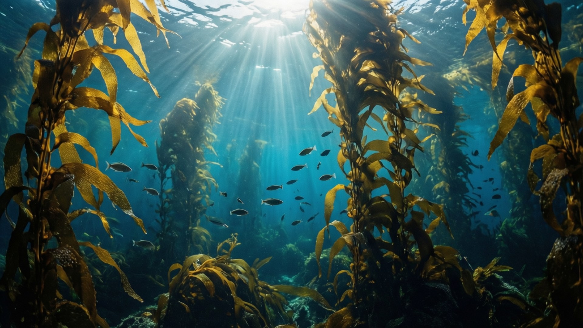 陽光穿透海草林 壁紙 — 陽光穿過高聳的海藻林，小魚在深藍色海水中游弋於金色葉片之間。