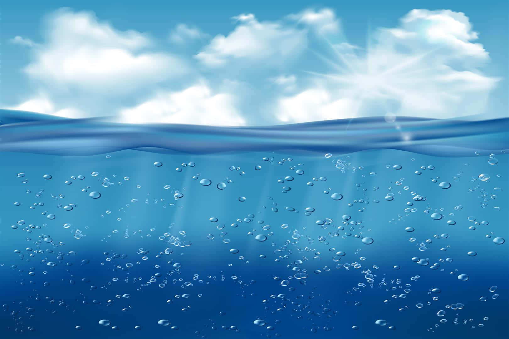 3d Ocean 桌布 壁紙 — 陽光穿透清澈的藍色海水，顯現出氣泡和上方的多雲天空。