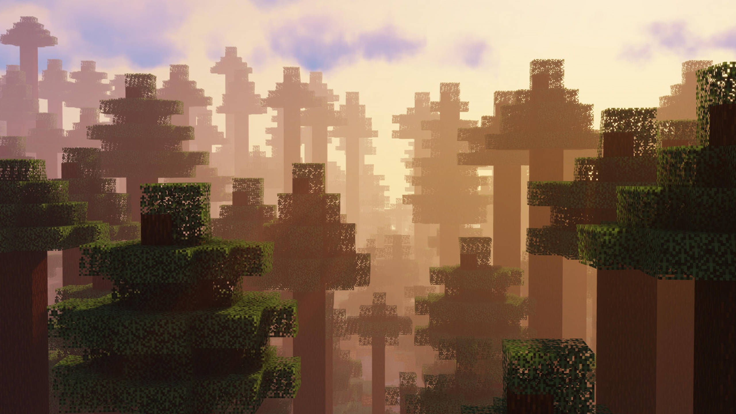 Minecraft HD 桌布 壁紙 — 陽光穿過像素化Minecraft世界中由方塊樹木組成的迷霧森林。