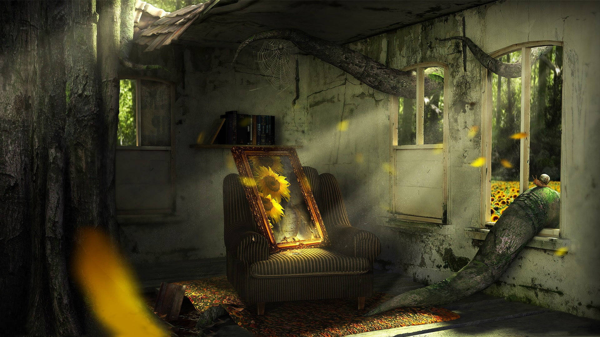 Empty Room 桌布 壁紙 — 陽光穿過破爛的窗戶照射進來，照亮了一個破舊的房間，一幅向日葵畫作放在一張條紋扶手椅上，周圍被重新佔據空間的自然所包圍。