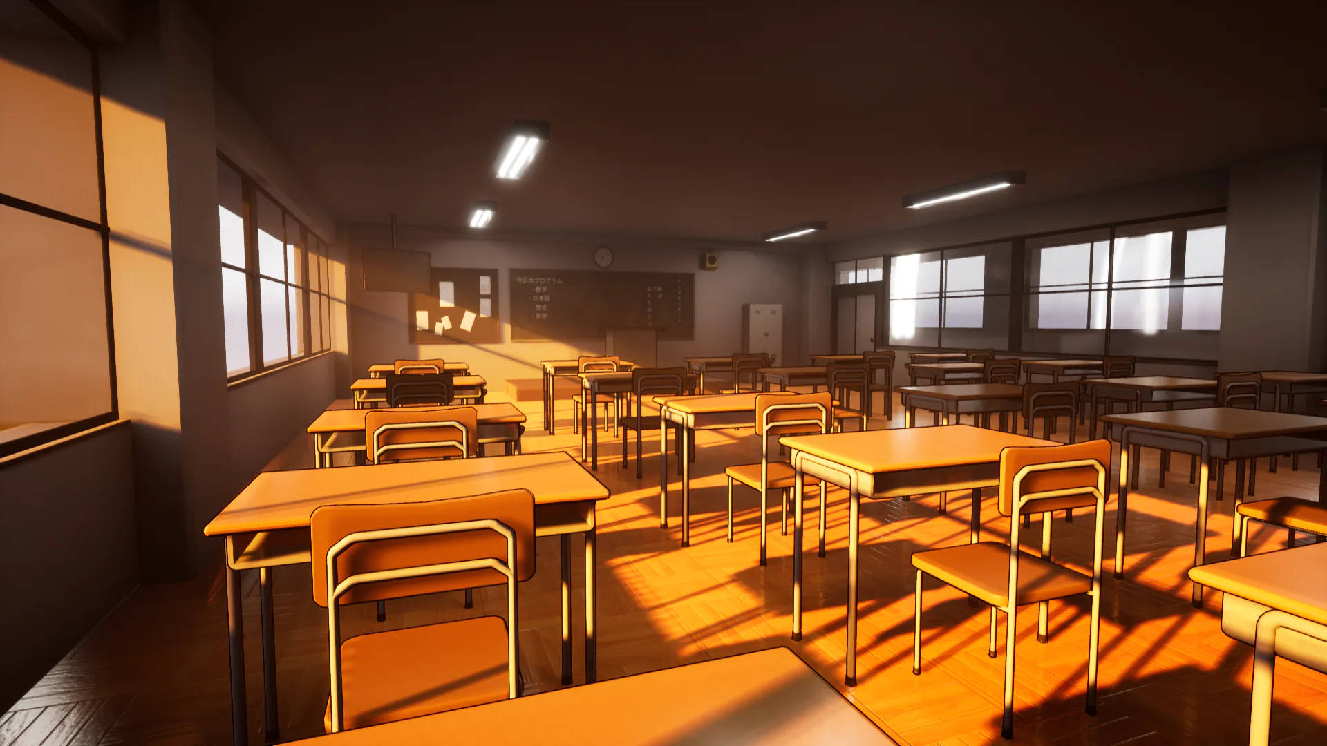 Study Aesthetic 桌布 壁紙 — 陽光穿過窗戶，在寧靜學校教室的空木桌和椅子上投下長長的金色陰影。