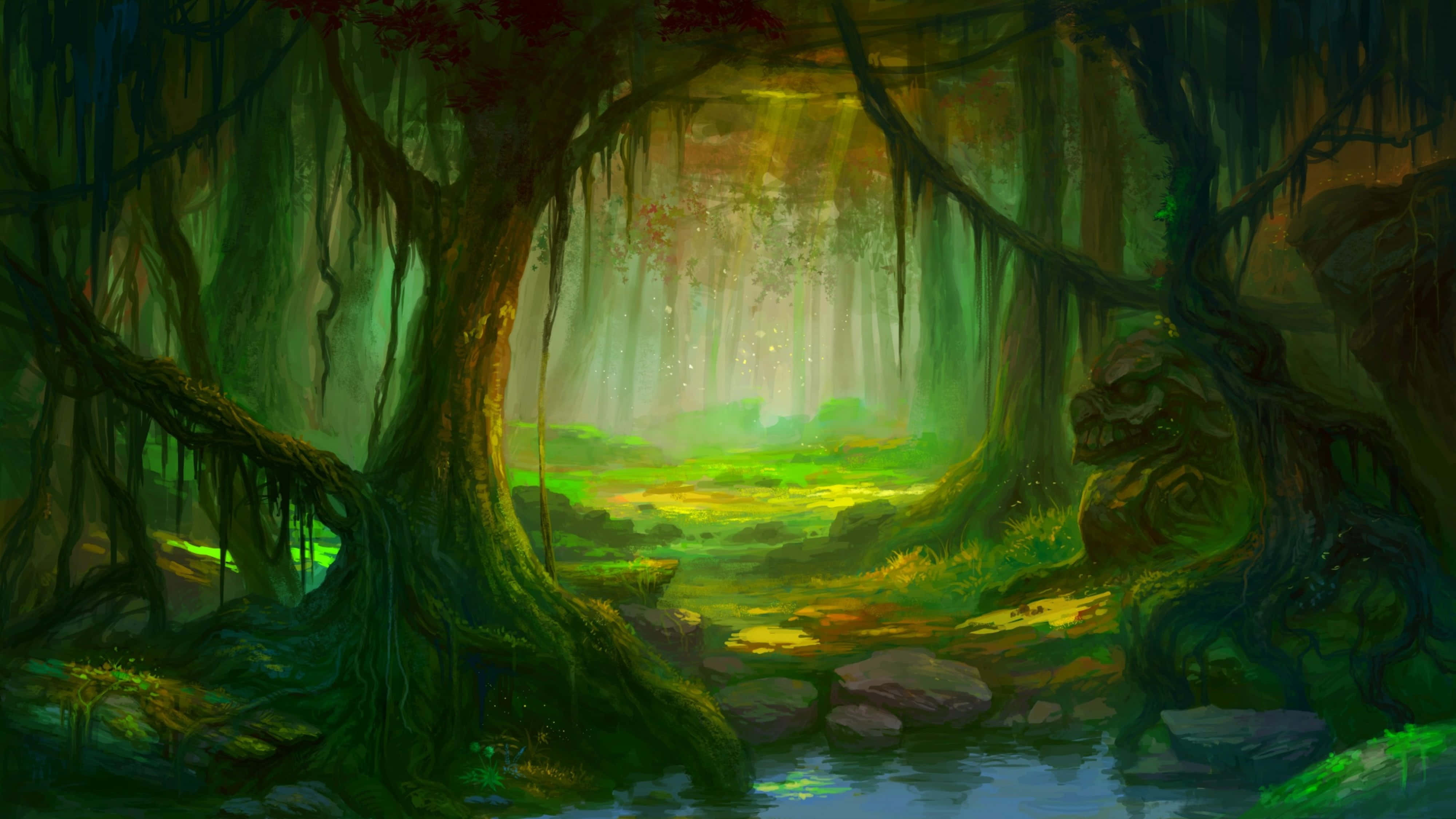 Enchantment 桌布 壁紙 — 陽光穿過長滿苔蘚的古樹，照射在神秘綠色森林中發光的下層植被和寧靜的小溪上。