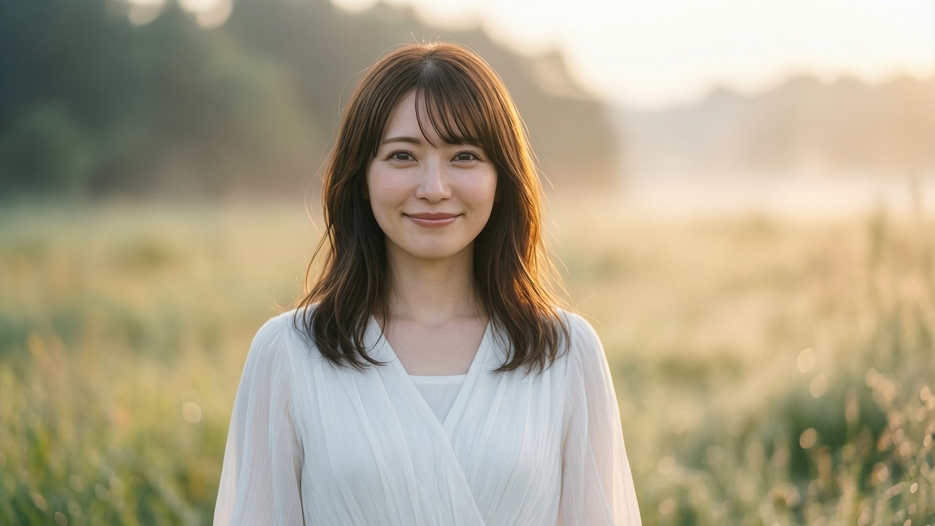 一位身穿白色襯衫的女性在陽光明媚的田野中微笑。