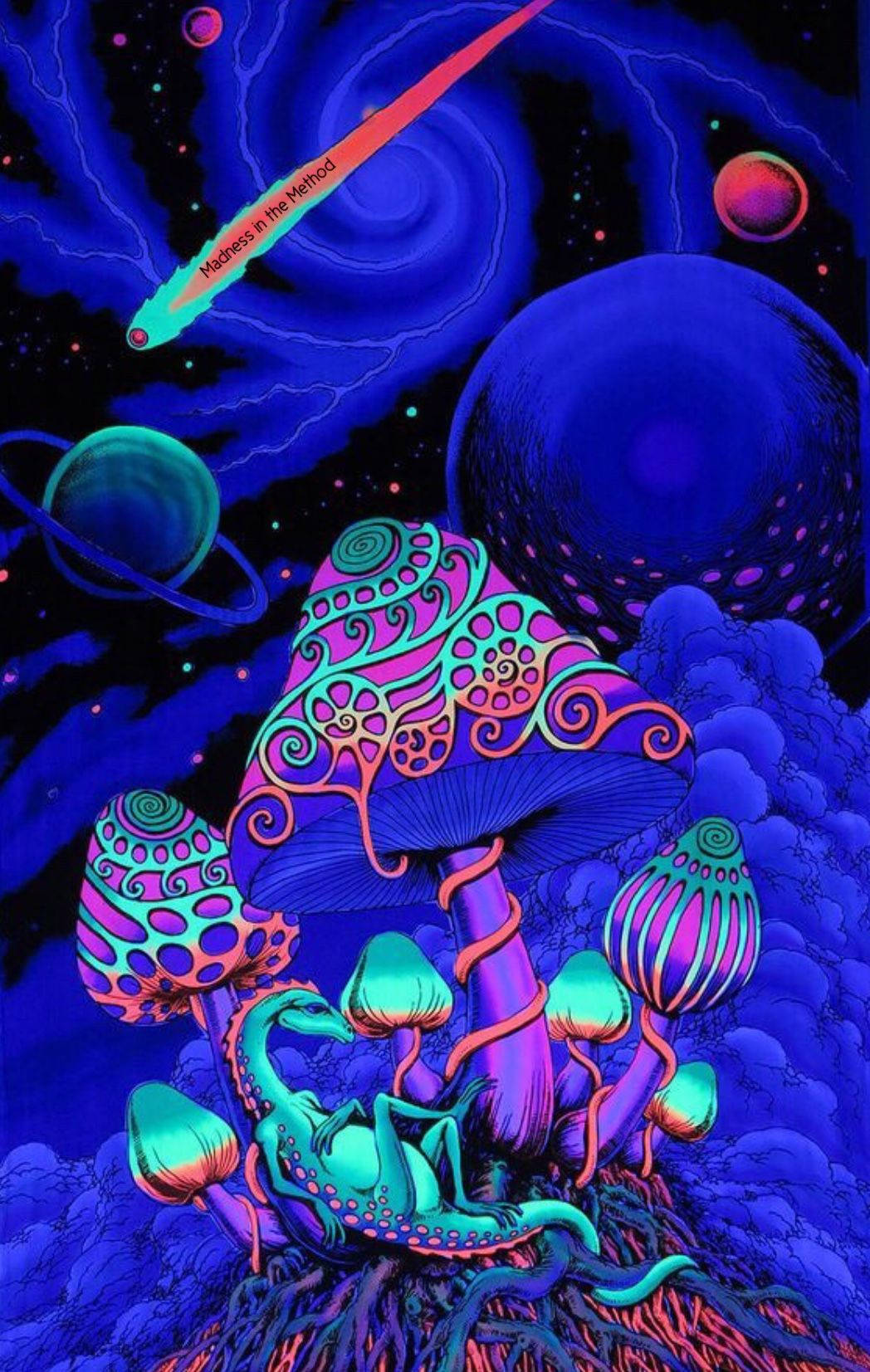 在帶有行星和旋轉星雲的宇宙夜空下，發光的迷幻蘑菇。