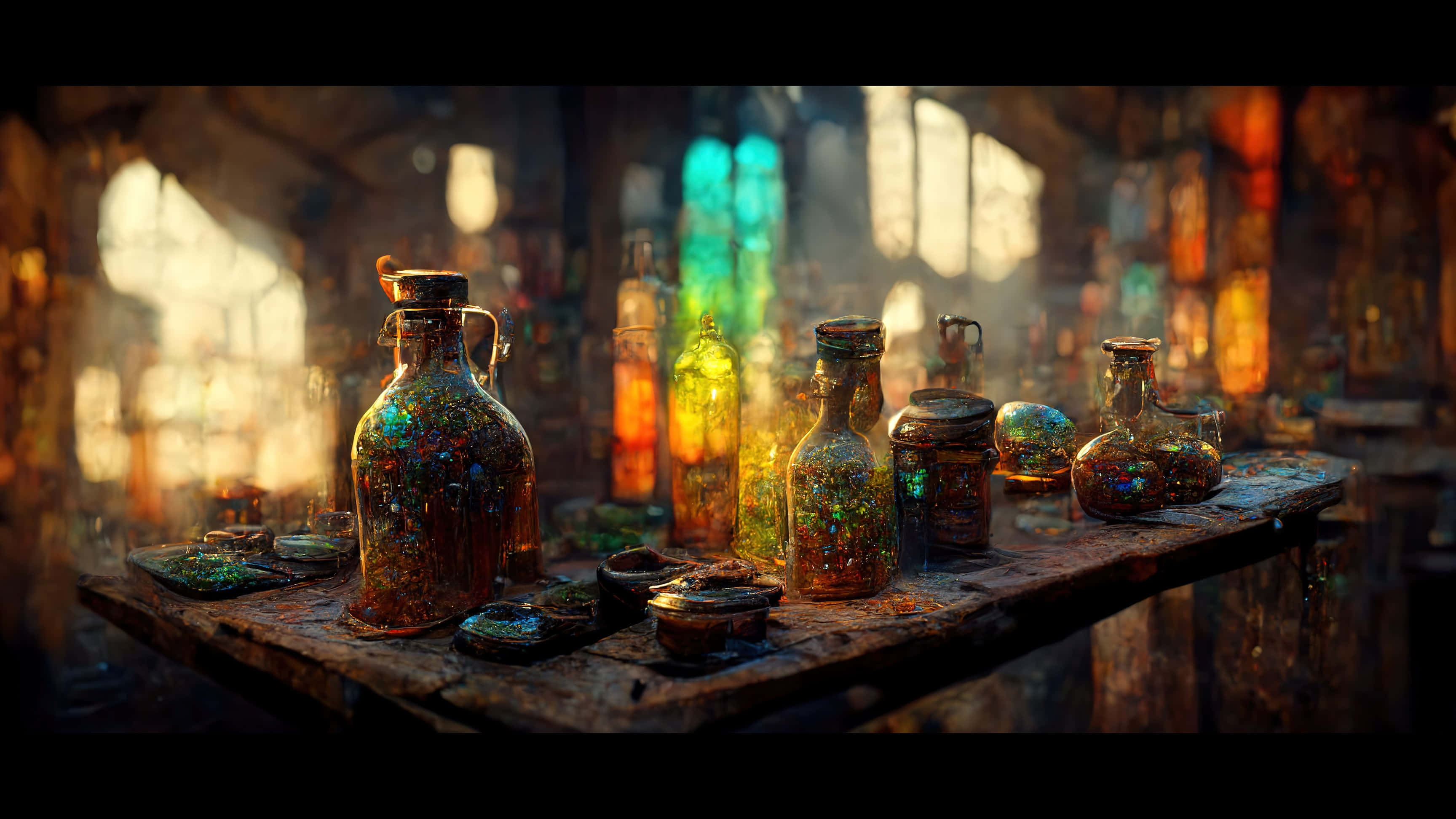 The Hogwarts Potions Class 桌布 壁紙 — 陽光透過彩繪玻璃窗照射進來，照亮了一張擺滿發光魔法瓶的質樸木桌，瓶中裝滿了閃爍的魔法液體。