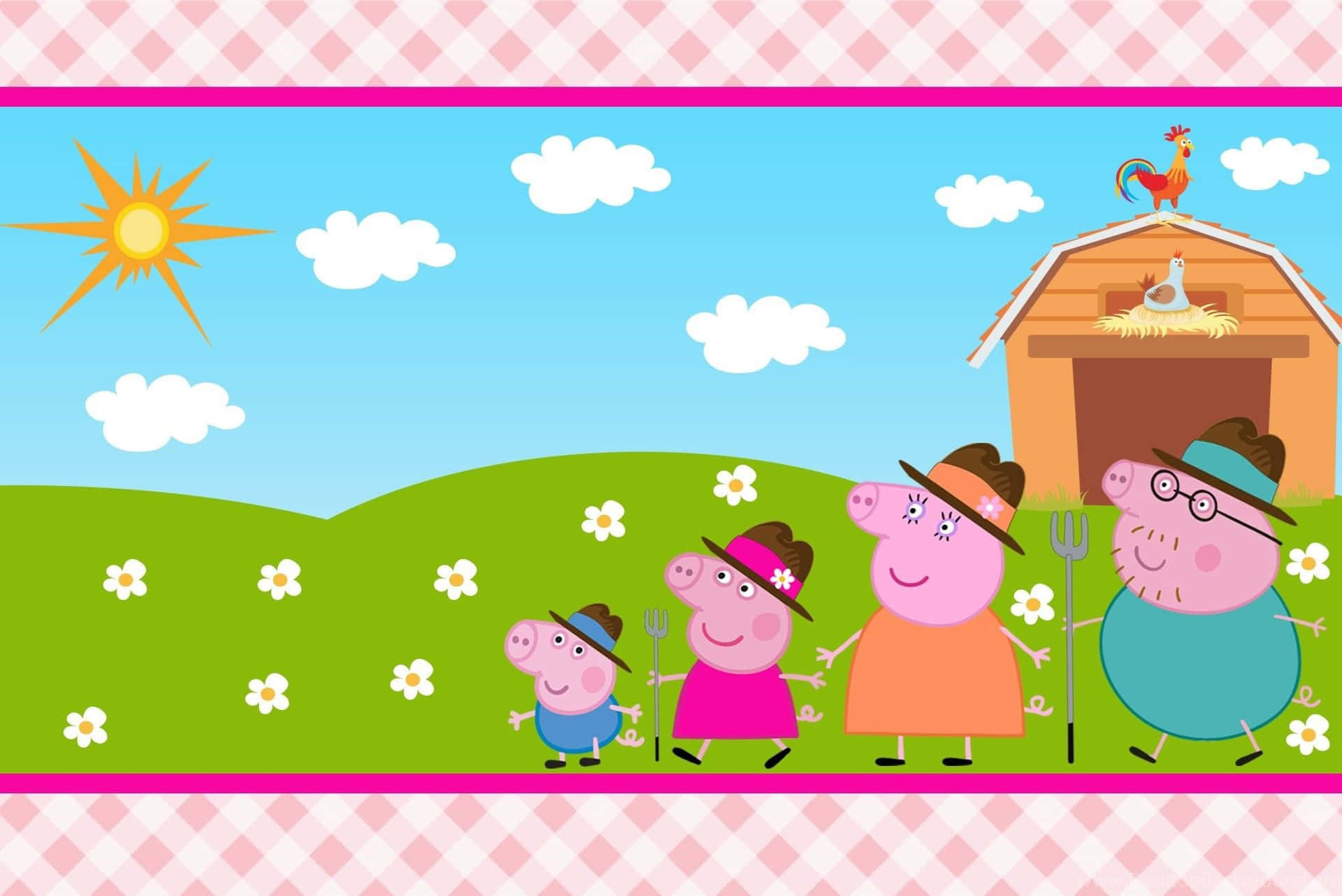 Peppa Pig 一家在陽光明媚的農場，有穀倉和花朵。
