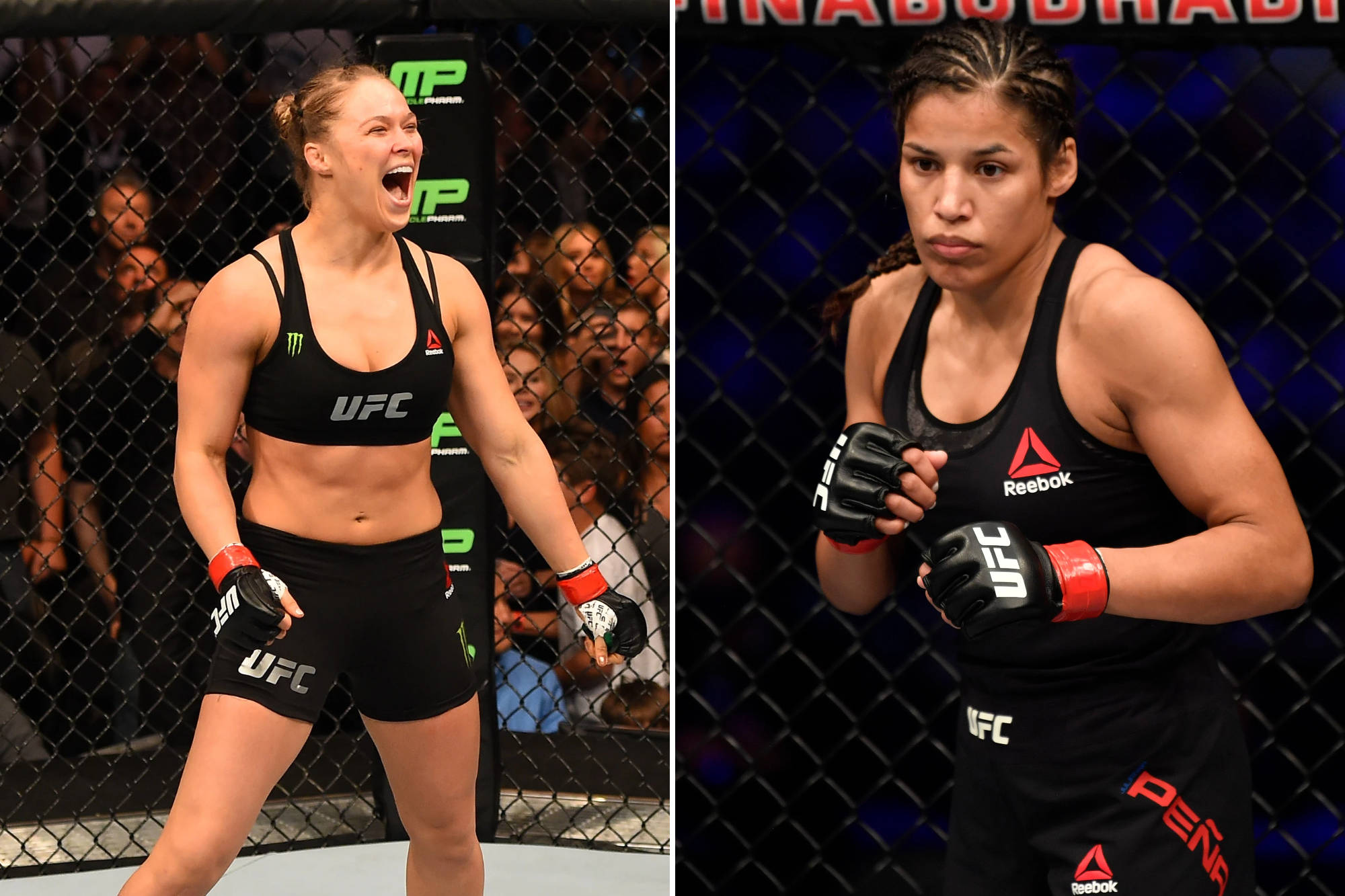 隆達·魯西與茱莉安娜·佩納 壁紙 — 兩名身穿八角籠裝備的女性UFC拳手，一名勝利慶祝，另一名專注並準備戰鬥。