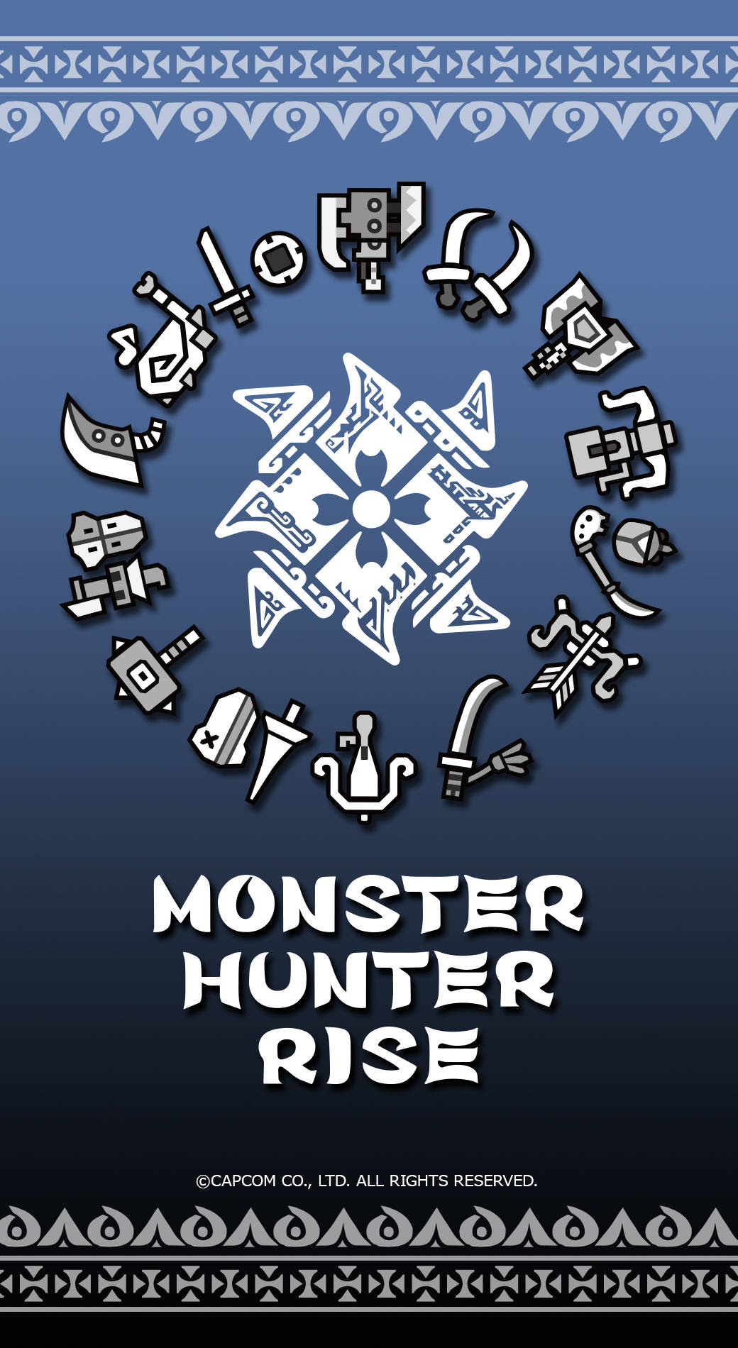 Monster Hunter Rise 遊戲標誌，周圍環繞武器圖標，藍色漸變背景。