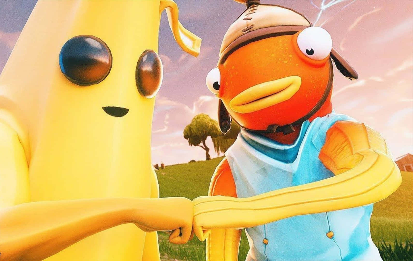 隆重推出經典《Fortnite》魚條皮膚 壁紙 — 兩個Fortnite角色，一隻香蕉和一隻穿著藍色背心的鴨子，在日落天空下互相碰拳。