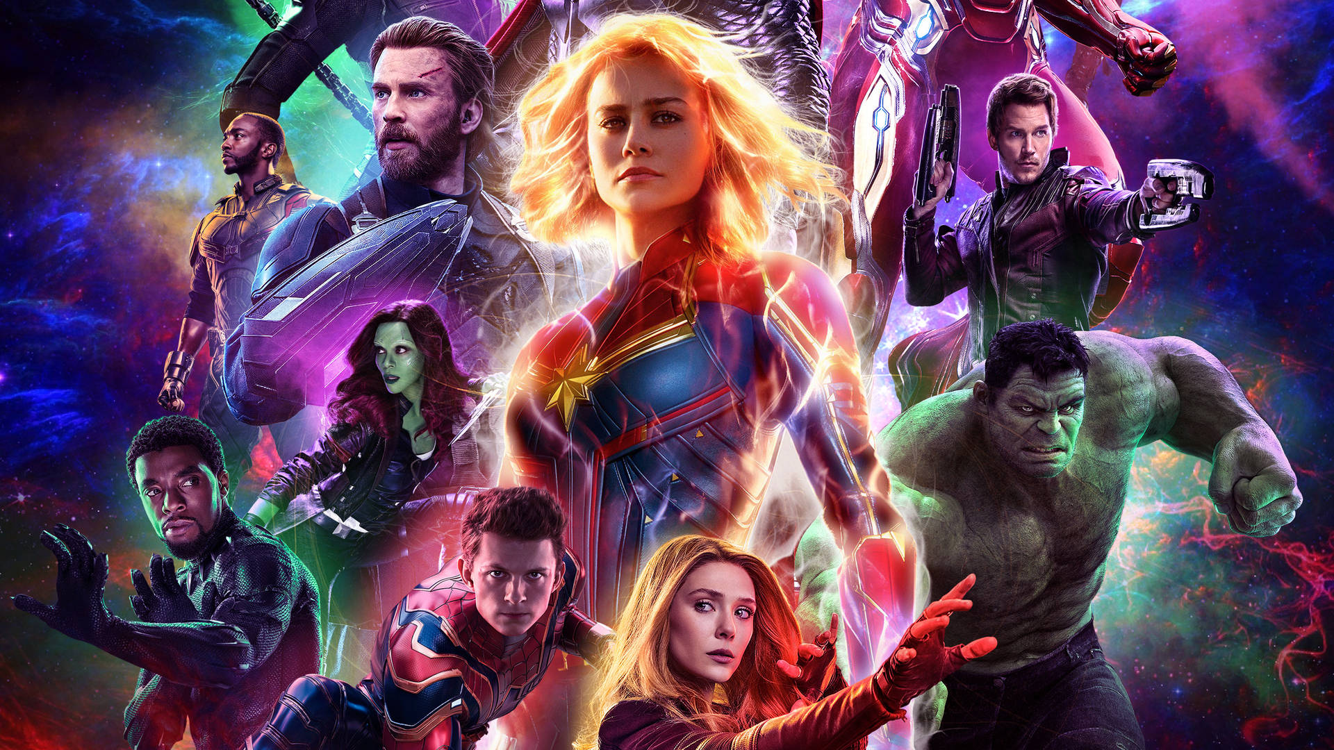 Marvel 超級英雄以動態姿勢呈現在色彩繽紛的宇宙背景前。
