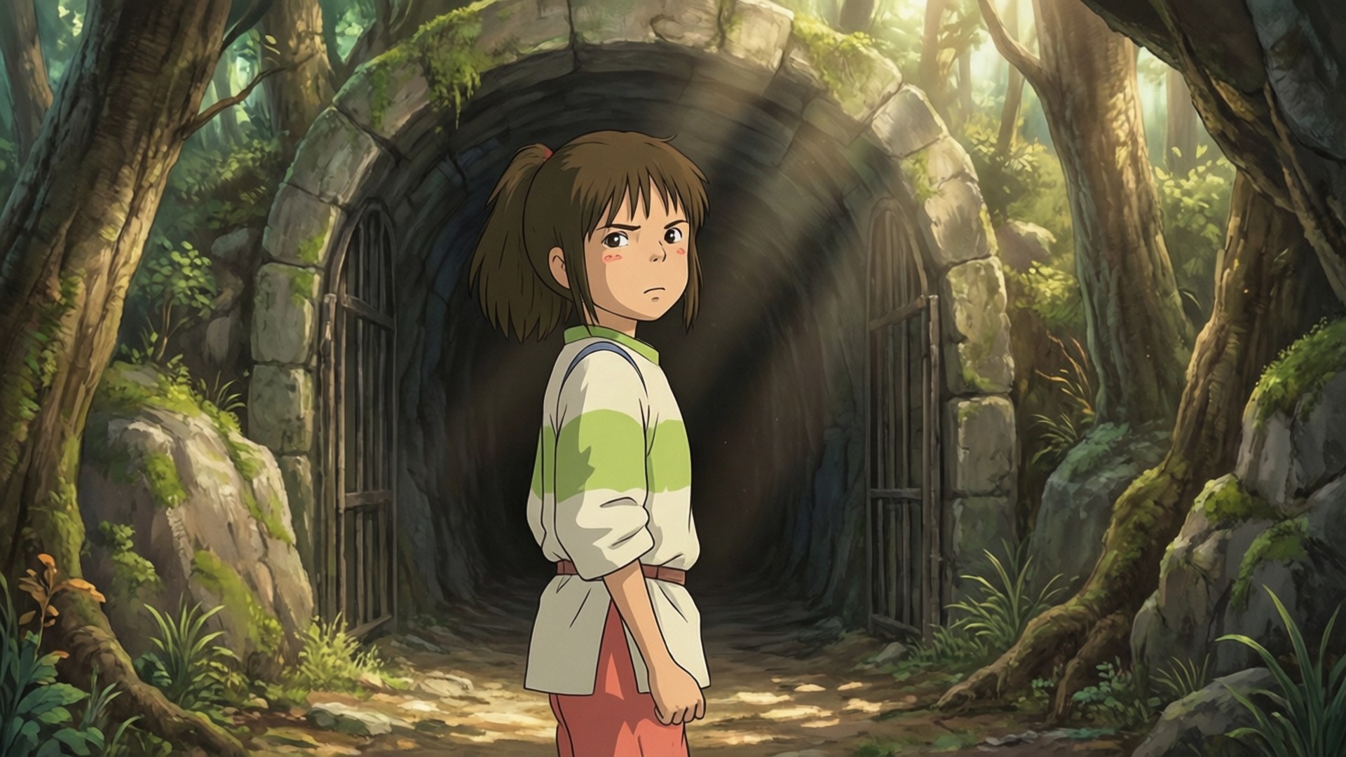 森林中站在石隧道入口前的小女孩
