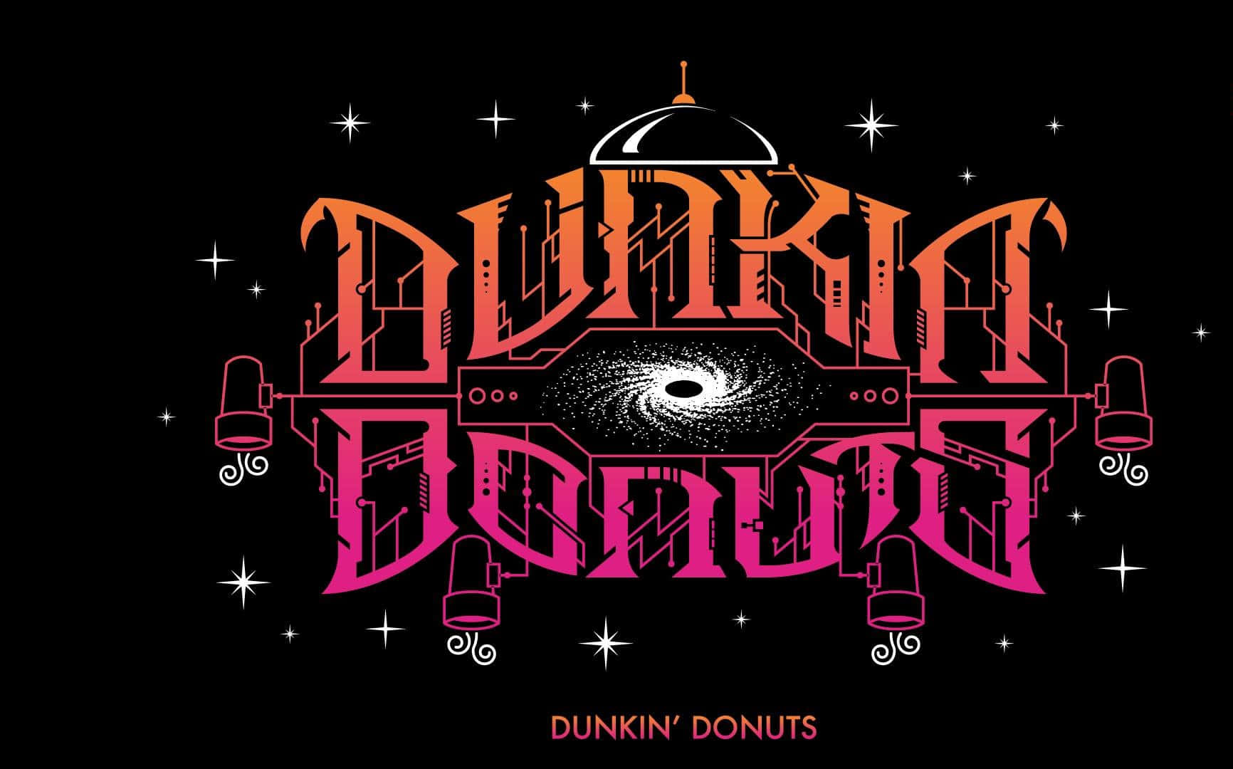 Dunkin' Donuts 標誌，帶有銀河之眼和星空背景，採用螢光粉紅和橙色。
