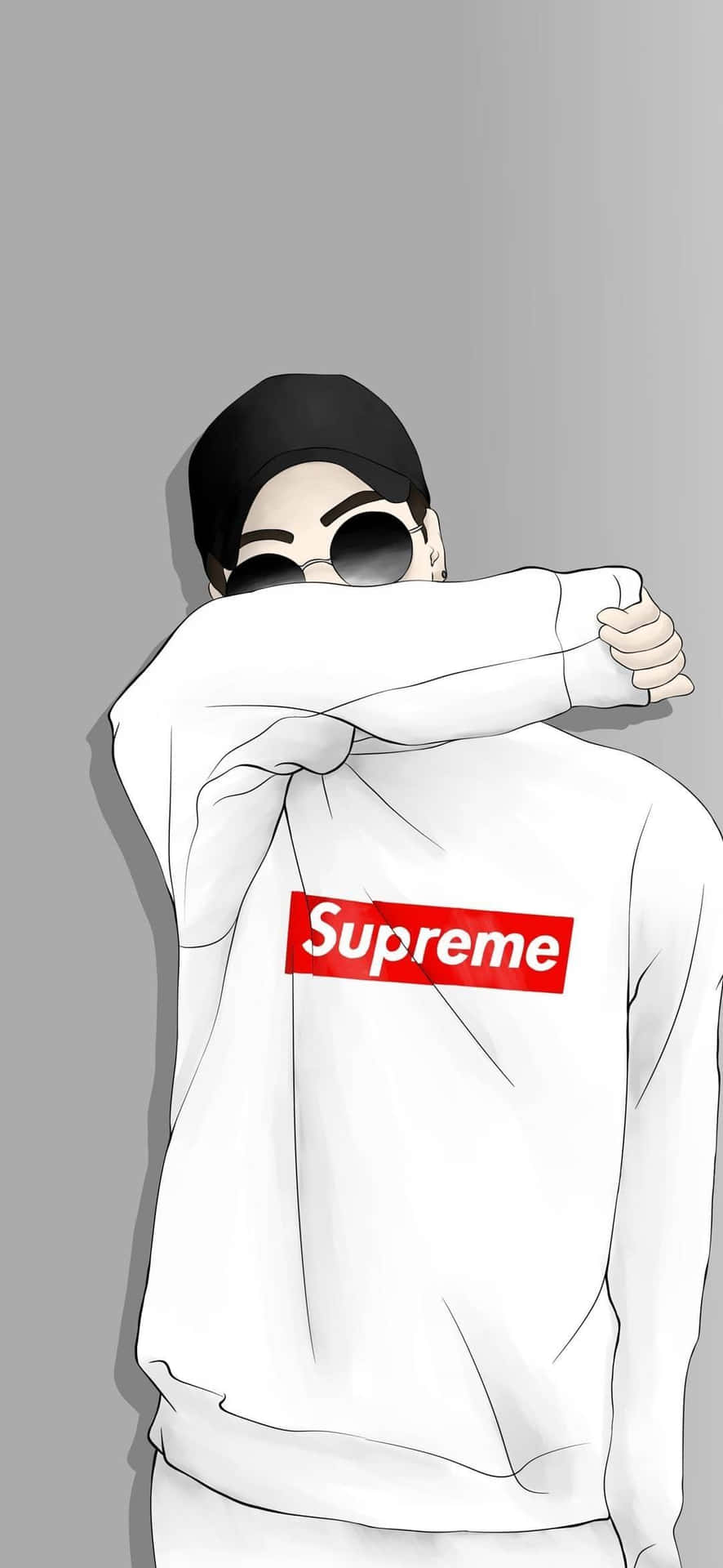 動漫角色穿著白色Supreme連帽衫和黑色帽子擁抱自己。