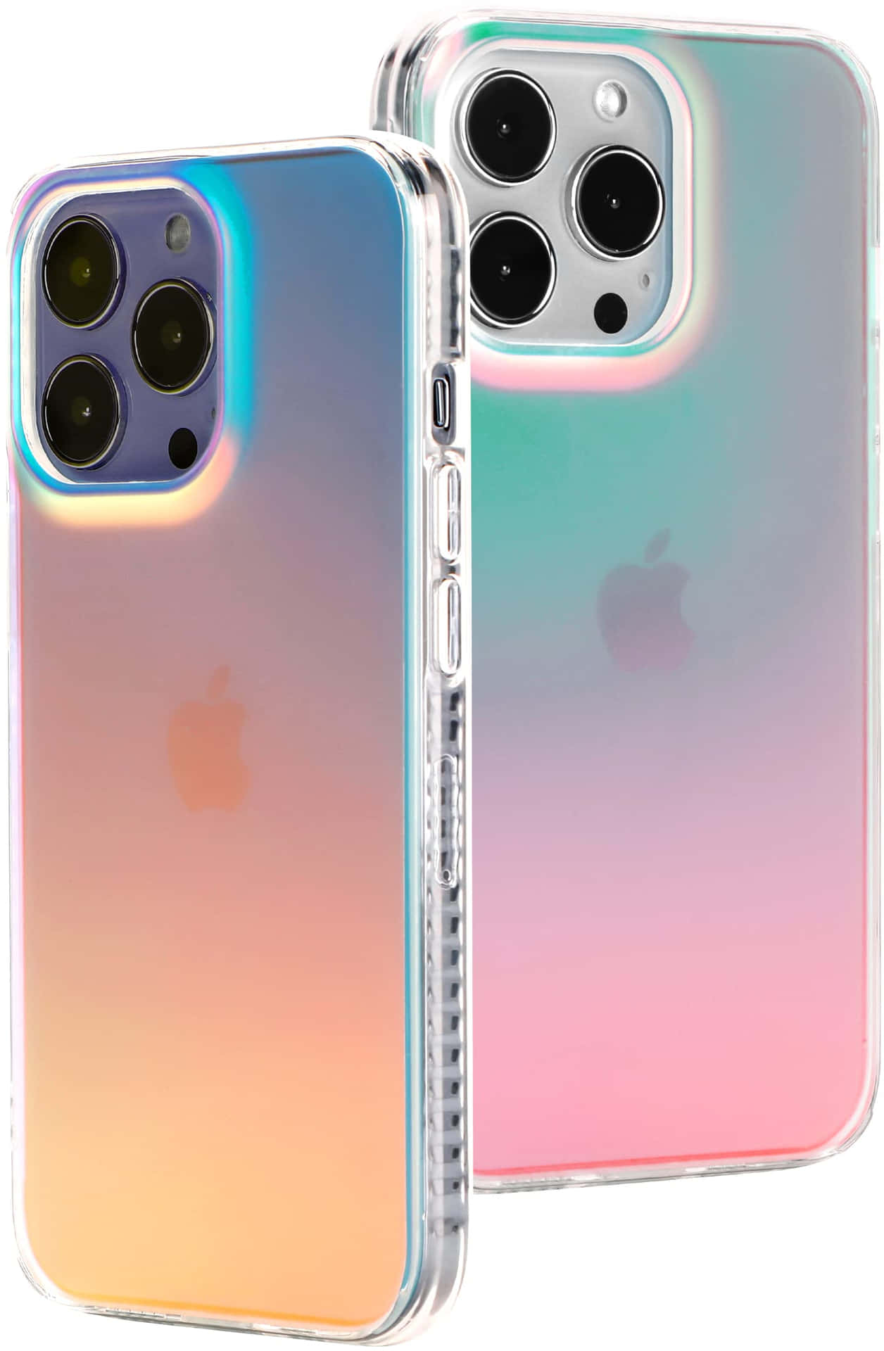 兩部iPhone配備彩虹色保護殼，展現彩虹色變化。