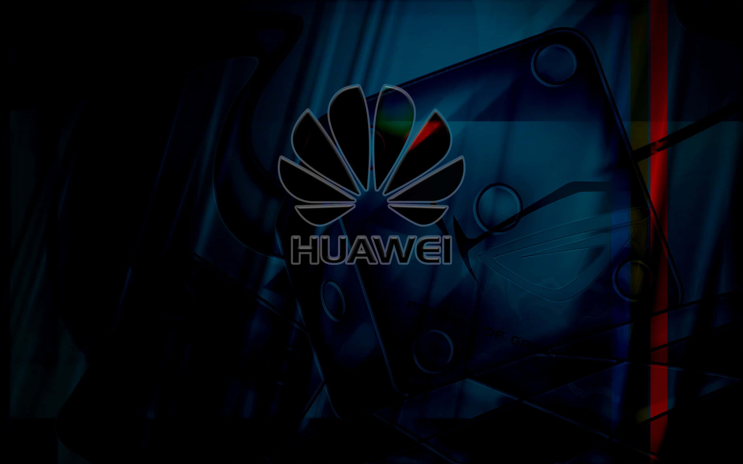 隨時保持連線，選擇華為P40 Pro 壁紙 — 發光的華為標誌在帶有藍色和紅色條紋的深色抽象科技背景上閃耀。
