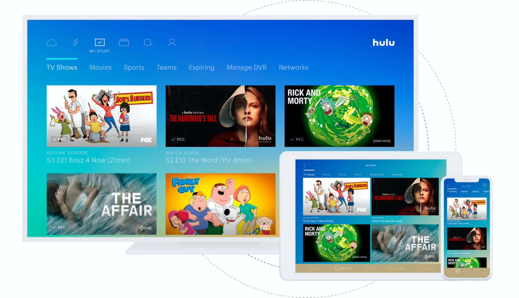 Hulu 串流應用程式介面顯示於電視、平板電腦和手機上，並附有節目縮圖。