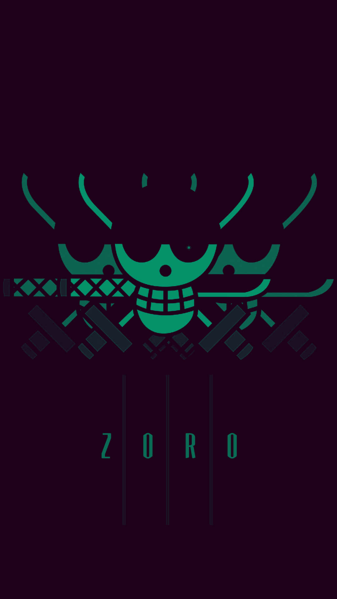 綠色骷髏頭，帶有交叉的劍和名字Zoro，背景為深紫色。