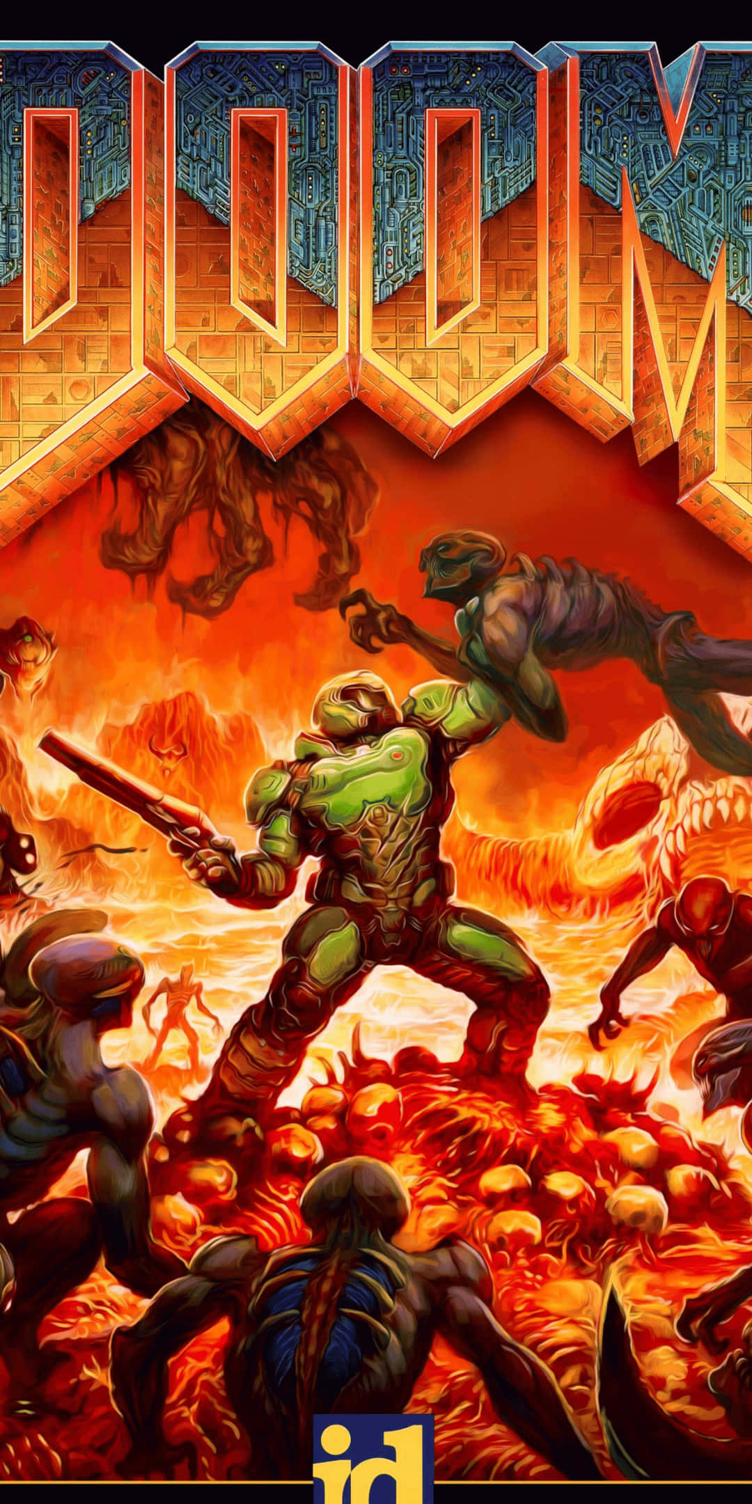隨時掌握主動權 壁紙 — 一名身穿綠色盔甲的戰士在 Doom 標誌下，於熾熱的地獄景觀中與惡魔生物戰鬥。