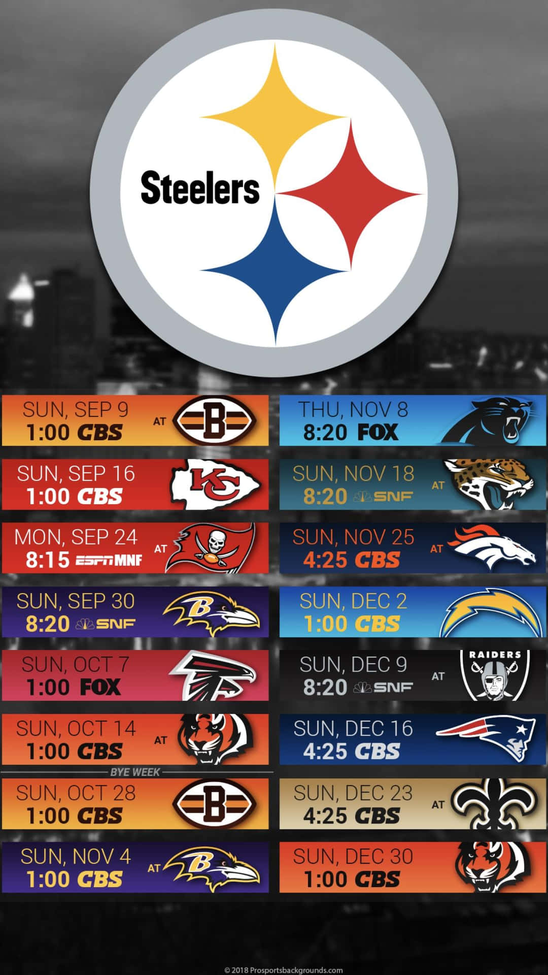 匹茲堡鋼人隊NFL賽程，附比賽時間和對手標誌。