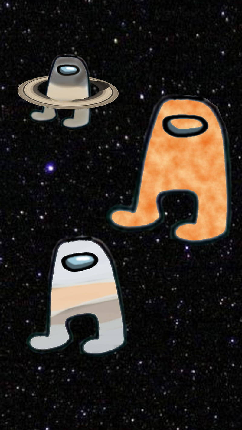 三個Among Us角色在太空中漂浮，背後有星星。