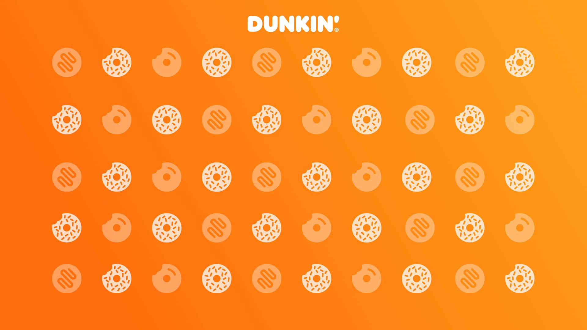 Dunkin'品牌標誌，橙色背景上重複的冬甩圖標。