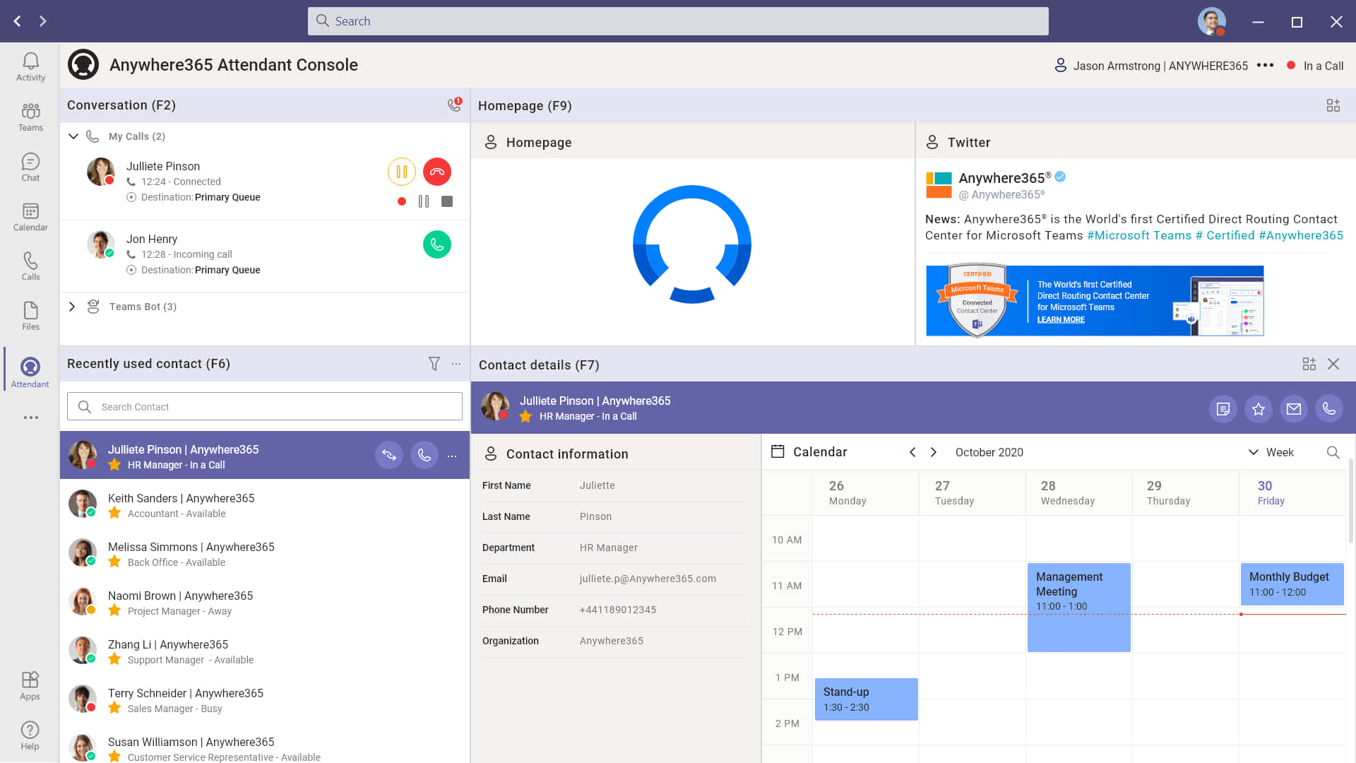 Microsoft Teams 工作區，包含活躍通話、日曆和聯絡人詳細資料。