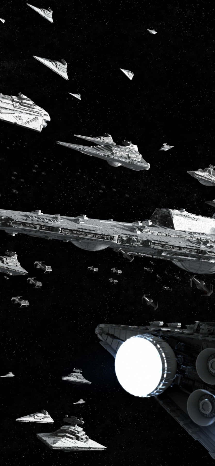 星際驅逐艦和TIE戰鬥機在星空背景下進行太空戰鬥。