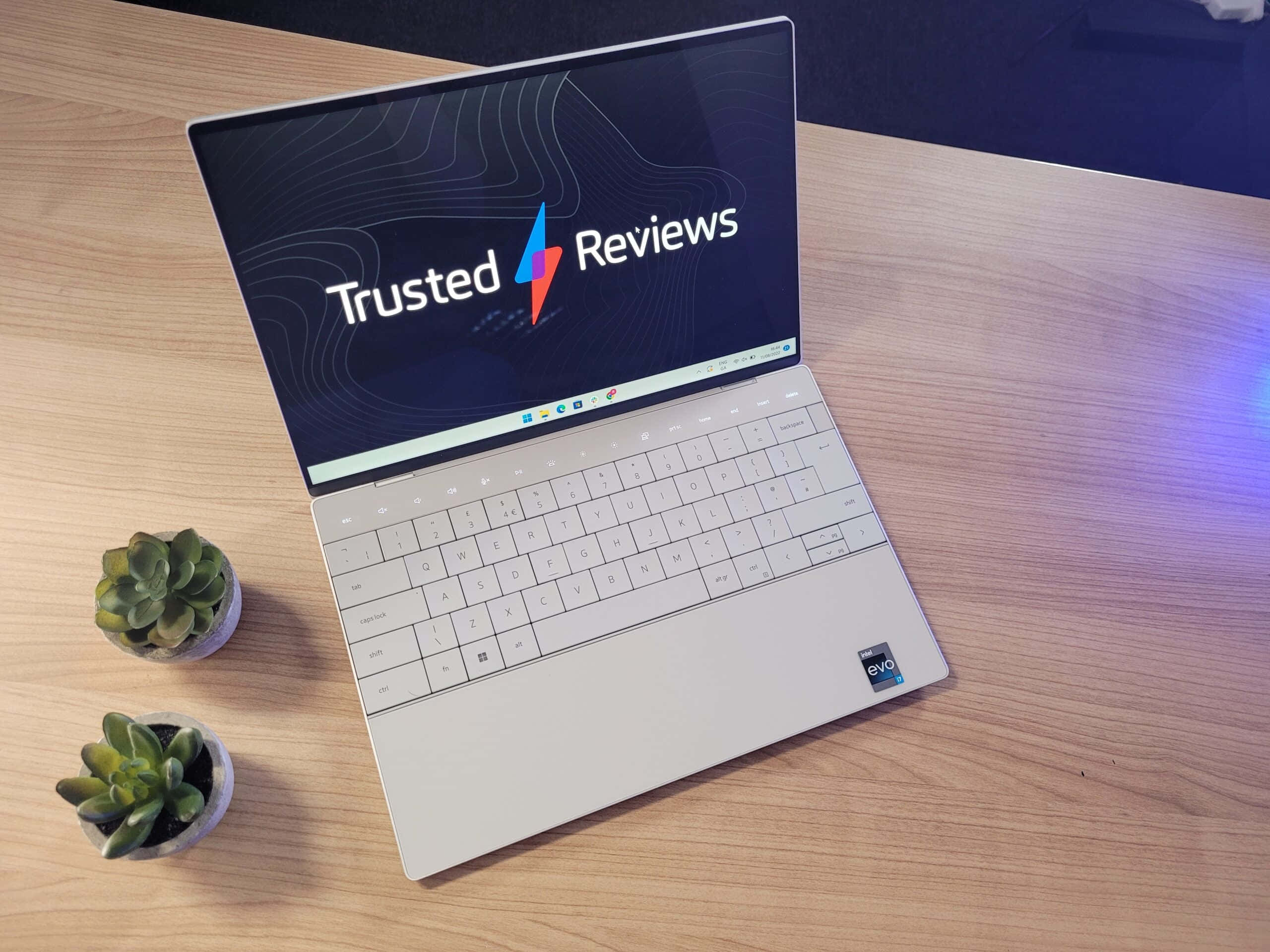 隨時隨地用筆電工作 壁紙 — 一部時尚的銀色手提電腦顯示Trusted Reviews標誌，放在木桌上，旁邊有兩小盆多肉植物。