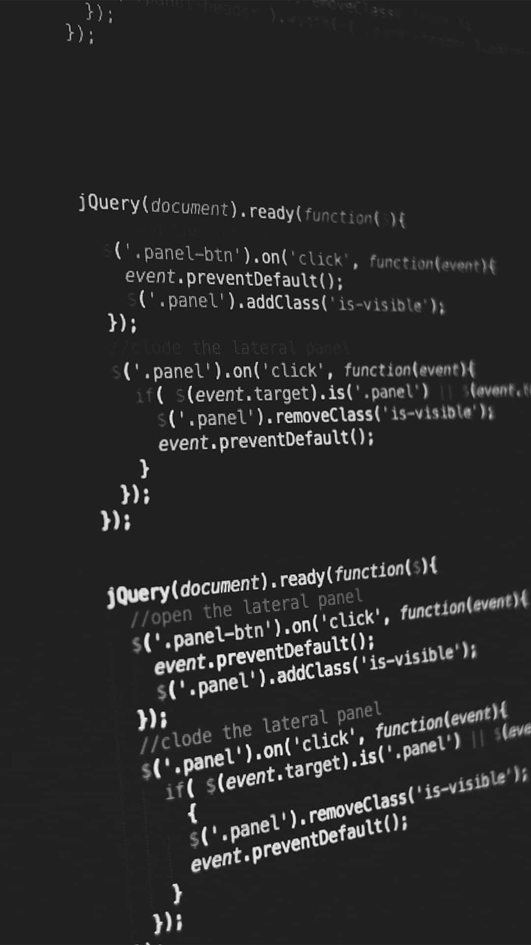 特寫鏡頭：深色屏幕上發光的代碼，顯示JavaScript和jQuery語法。