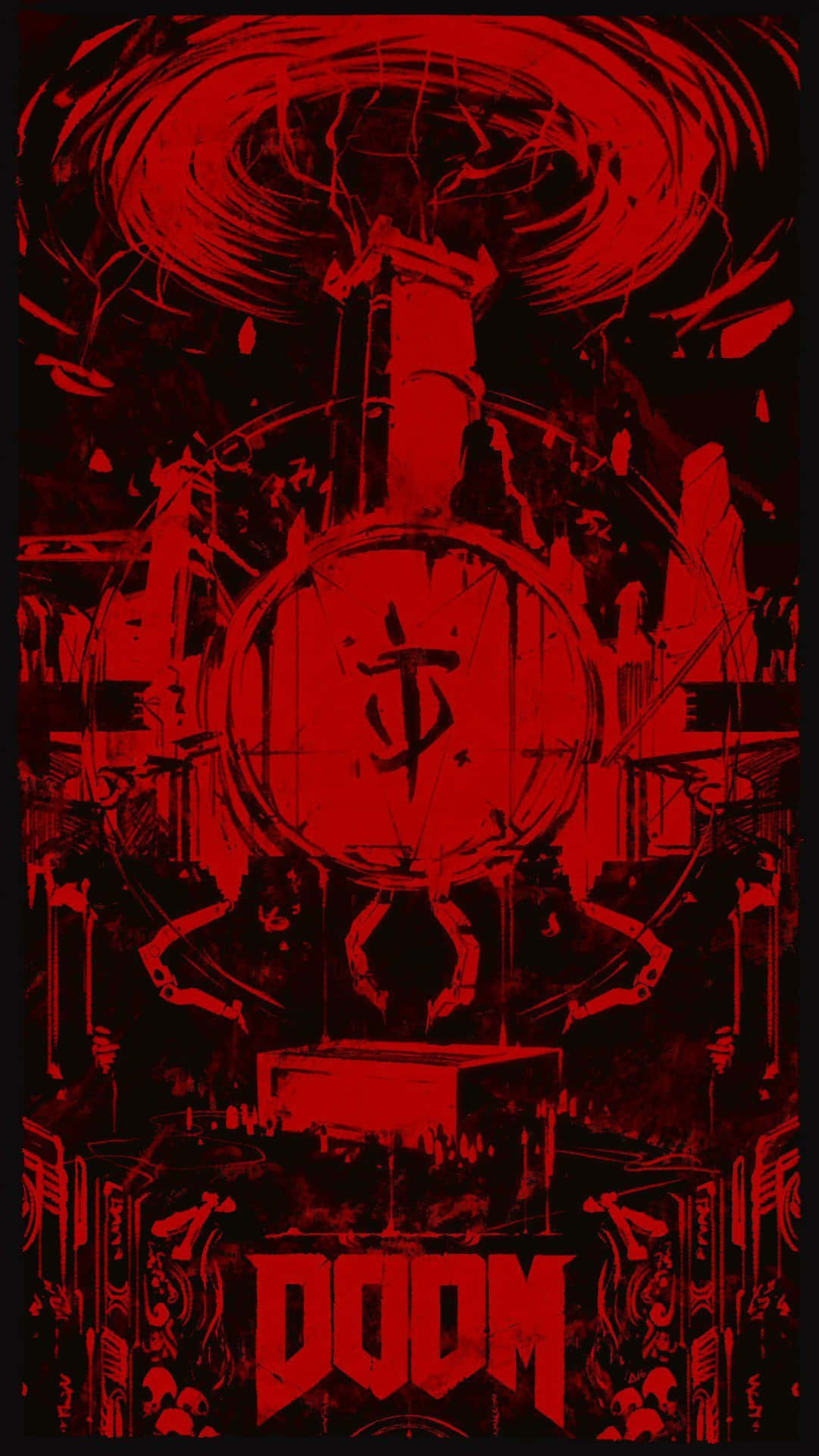 帶有紅色惡魔形象和工業混亂的Doom遊戲海報。
