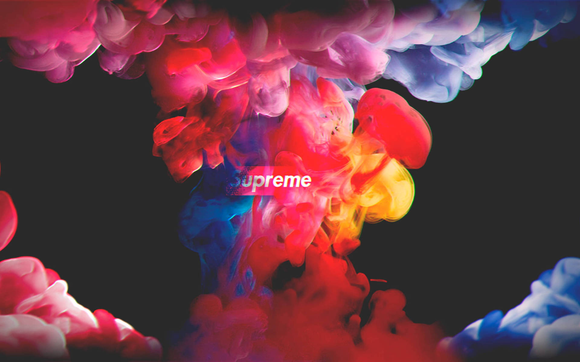 彩色墨水爆炸，supreme 標誌居中在黑色背景上
