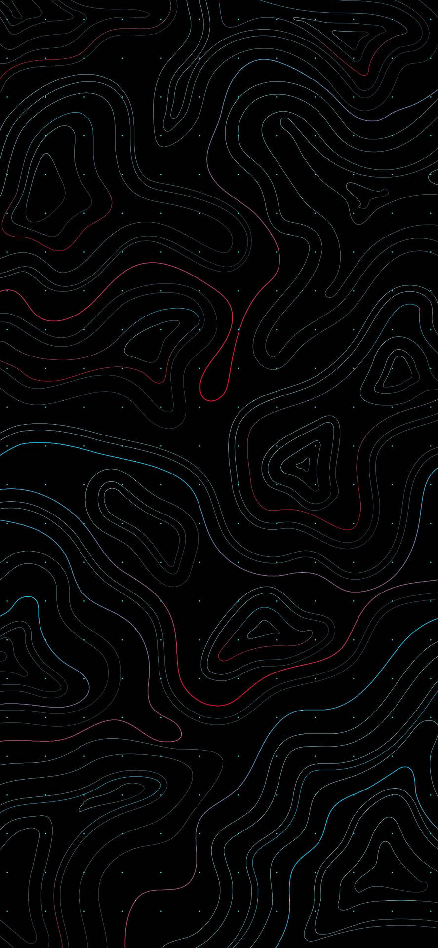 在星空黑色背景上，發光的紅色和藍色地形線條。