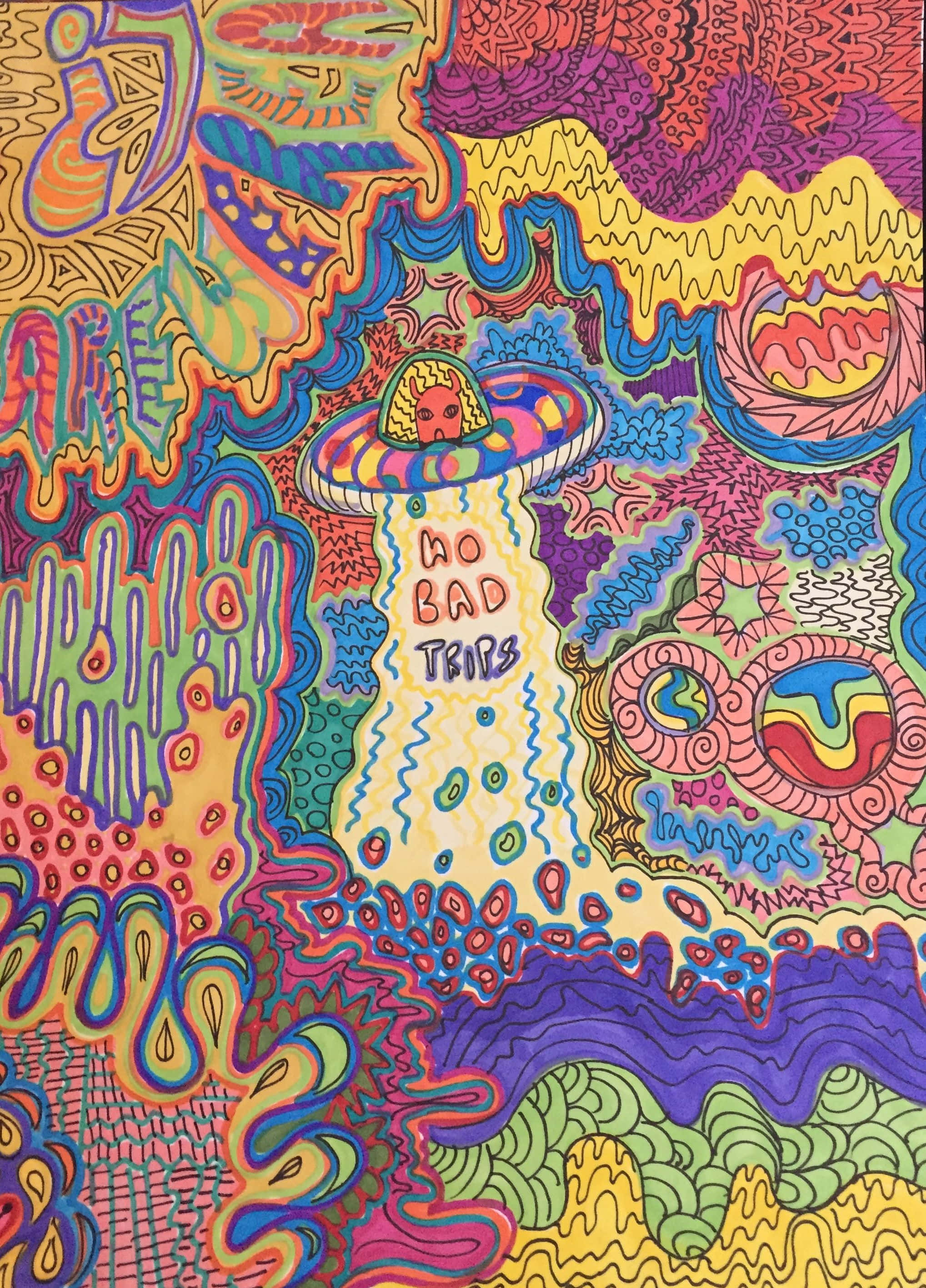 隨機形狀與模糊線條的復古迷幻風格 壁紙 — 充滿活力的迷幻插圖，一個微笑的外星人在UFO中，在旋轉的彩色圖案中掉落「no bad trips」文字。