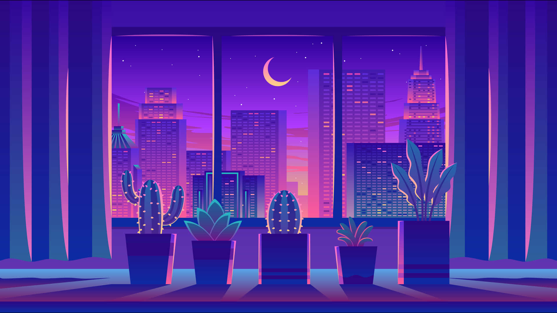 夜晚透過窗戶看到的紫色和粉紅色霓虹燈城市景觀與盆栽仙人掌。