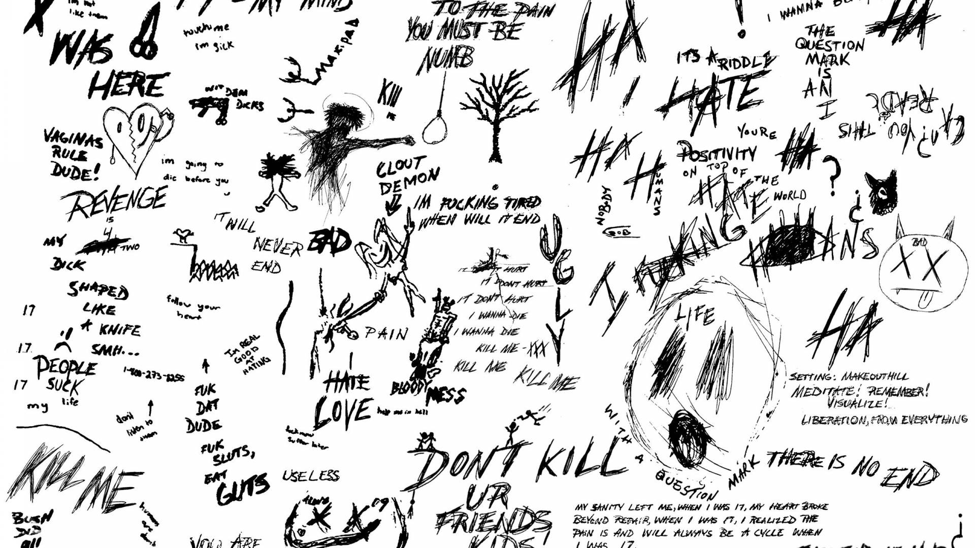隨機文字 XXXTentacion 美學 壁紙 — 一個混亂的黑色墨水草圖，充滿了瘋狂的手寫短語和粗俗的繪畫，表達憤怒和絕望。