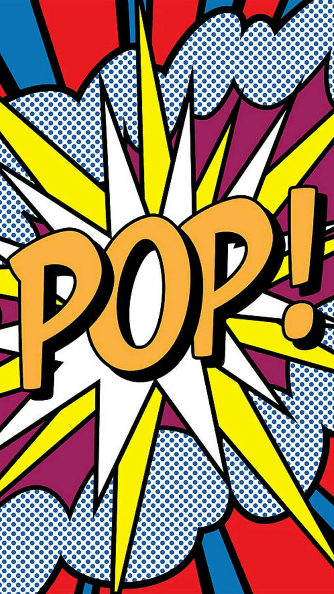 隨機文字波普藝術手機 壁紙 — 大膽的漫畫爆炸效果，帶有「POP!」文字，在鮮豔的紅、藍、紫半色調背景上散發出黃色光芒。