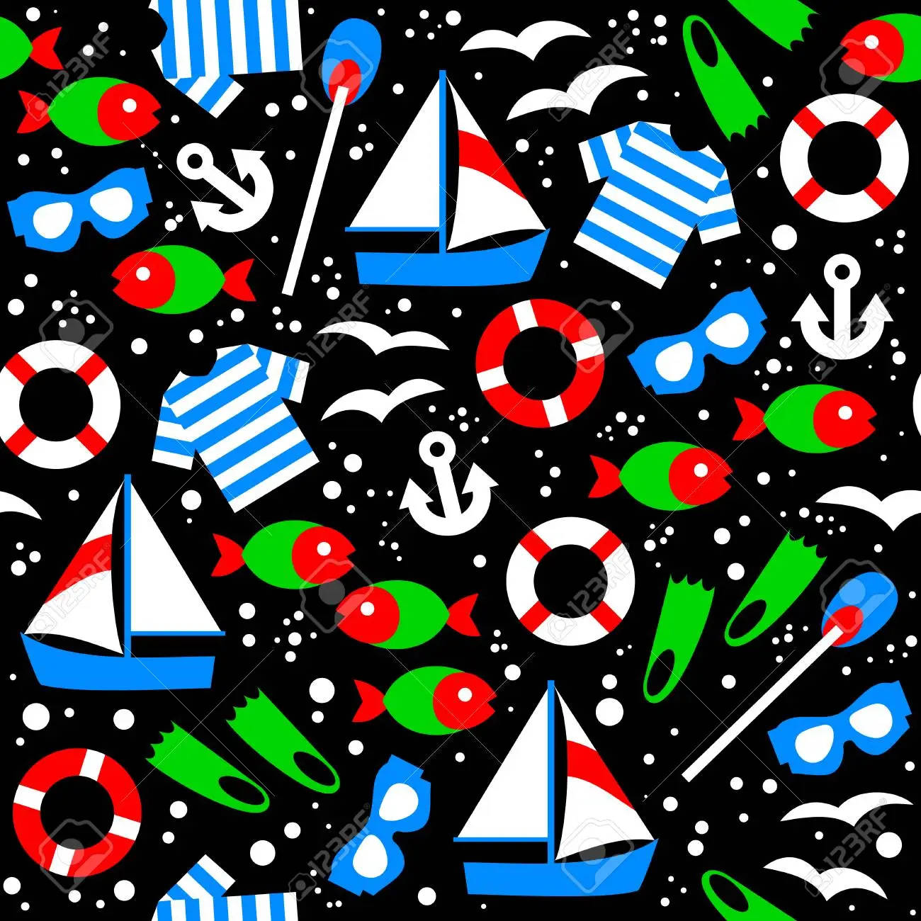黑色背景上帶有帆船、魚、錨和救生圈的航海圖案